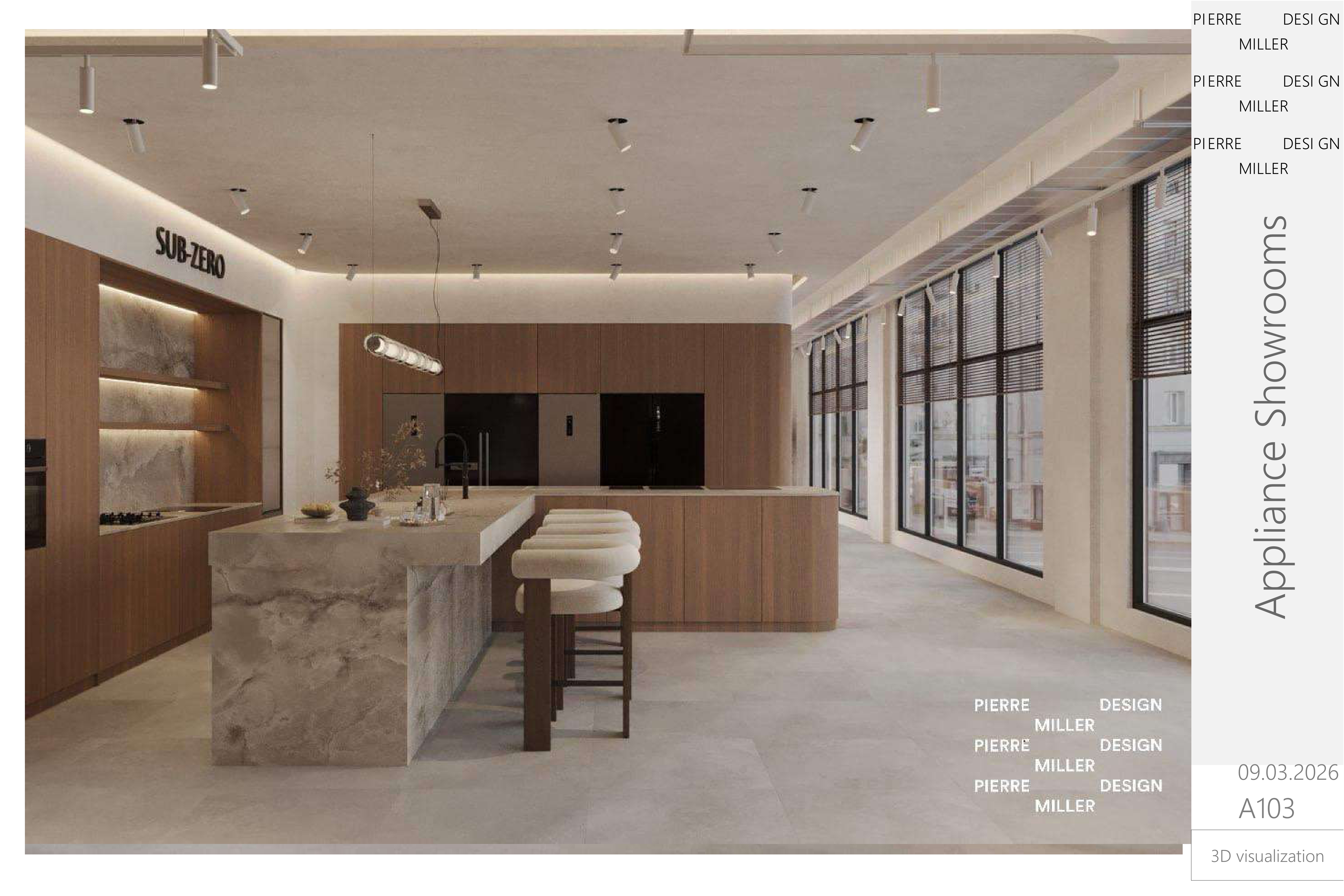 Main showroom floor with a stone waterfall island and boucle stools, Sub-Zero display wall in oak with backlit stone shelving and a run of tall black-framed windows