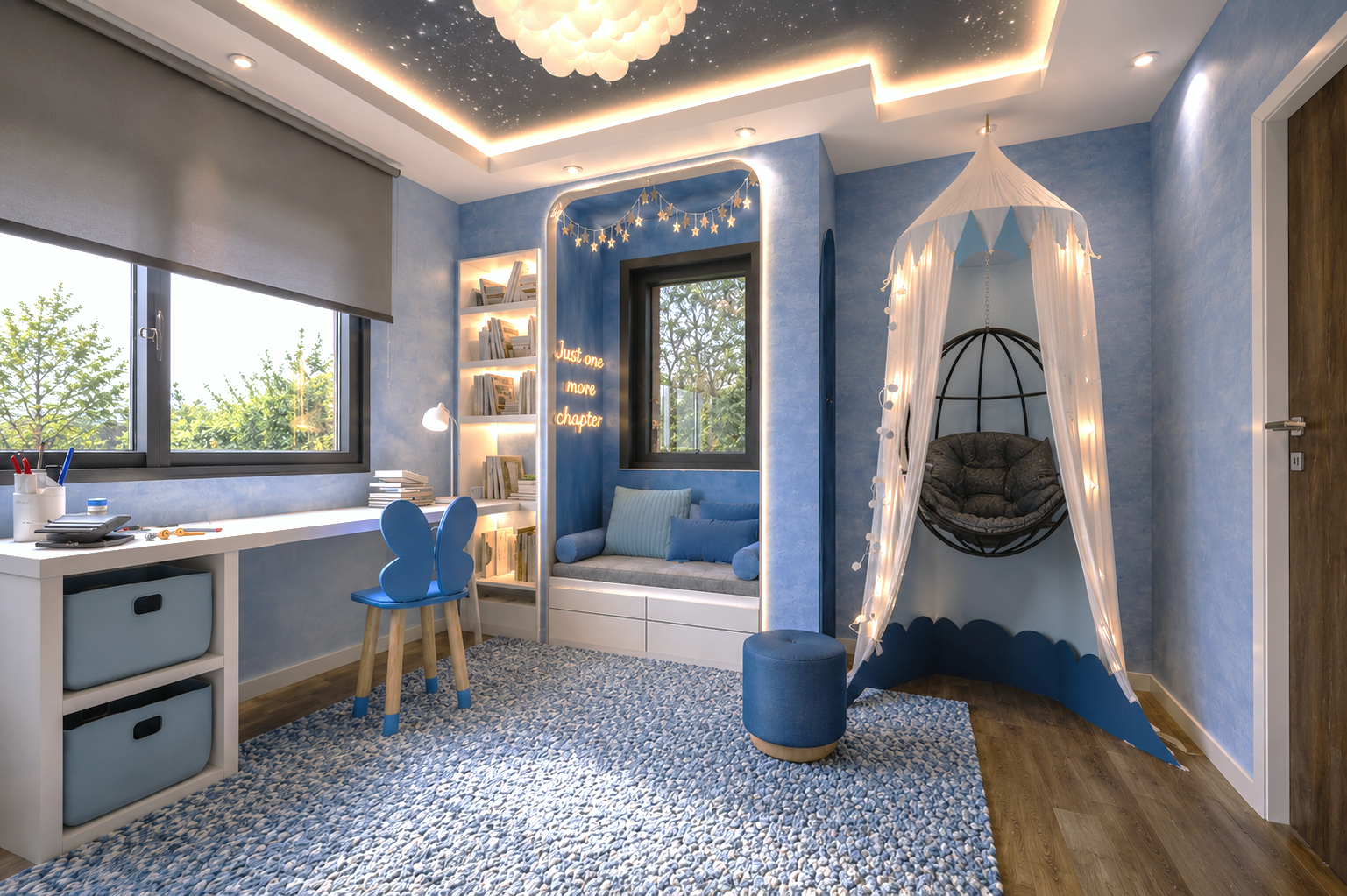 Child's bedroom in soft blue with a starry cove-lit ceiling, cloud pendant, LED-framed window seat with neon lettering, white bookshelves, a desk nook and a canopied hanging chair