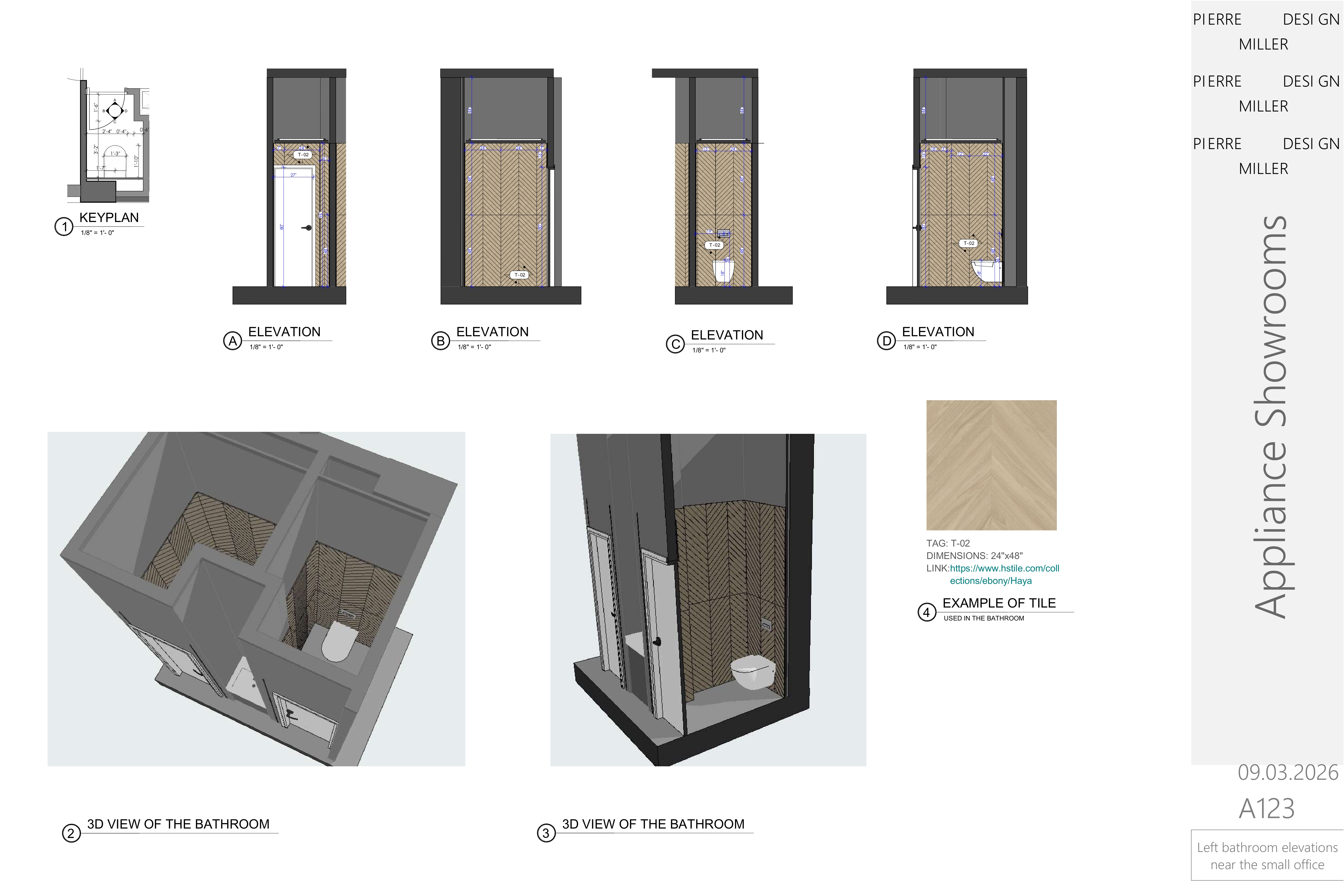 Left bathroom drawing sheet near the small office, with a keyplan, four wall elevations, two 3D views of the chevron-tiled room and a tile sample callout