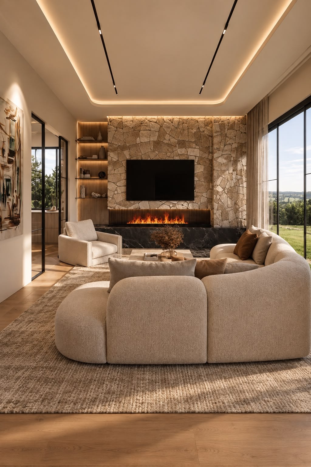 Living room with a curved ivory bouclé sofa, a coffee table on a textured rug, a flagstone feature wall with a wall-mounted screen above a linear fire on a black marble base, LED-lit oak shelving, a floor-to-ceiling window onto green landscape and a tray ceiling with cove lighting and black linear pendants