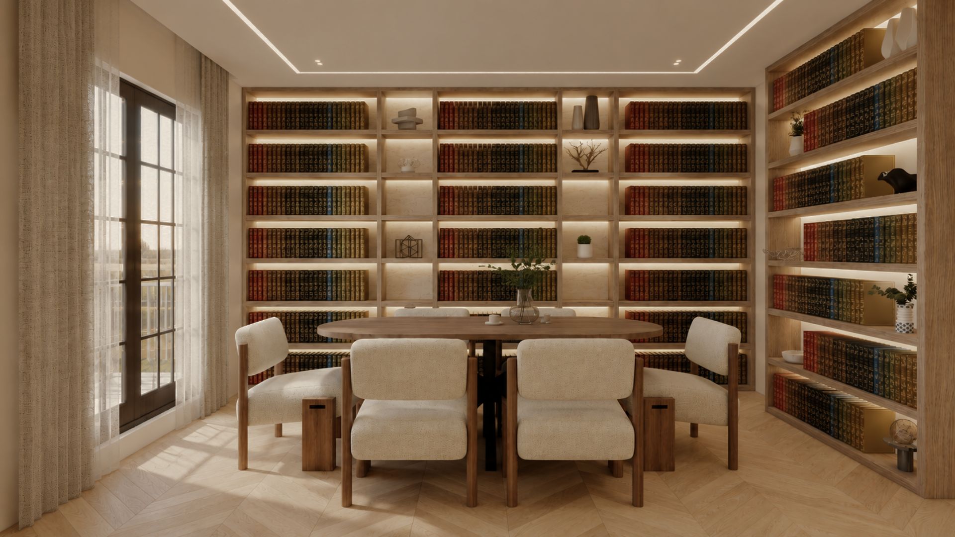 Study with a full wall of backlit oak bookshelves and ceramic objects, a walnut oval table with ivory boucle armchairs and sheer curtains at a black-framed window on herringbone oak