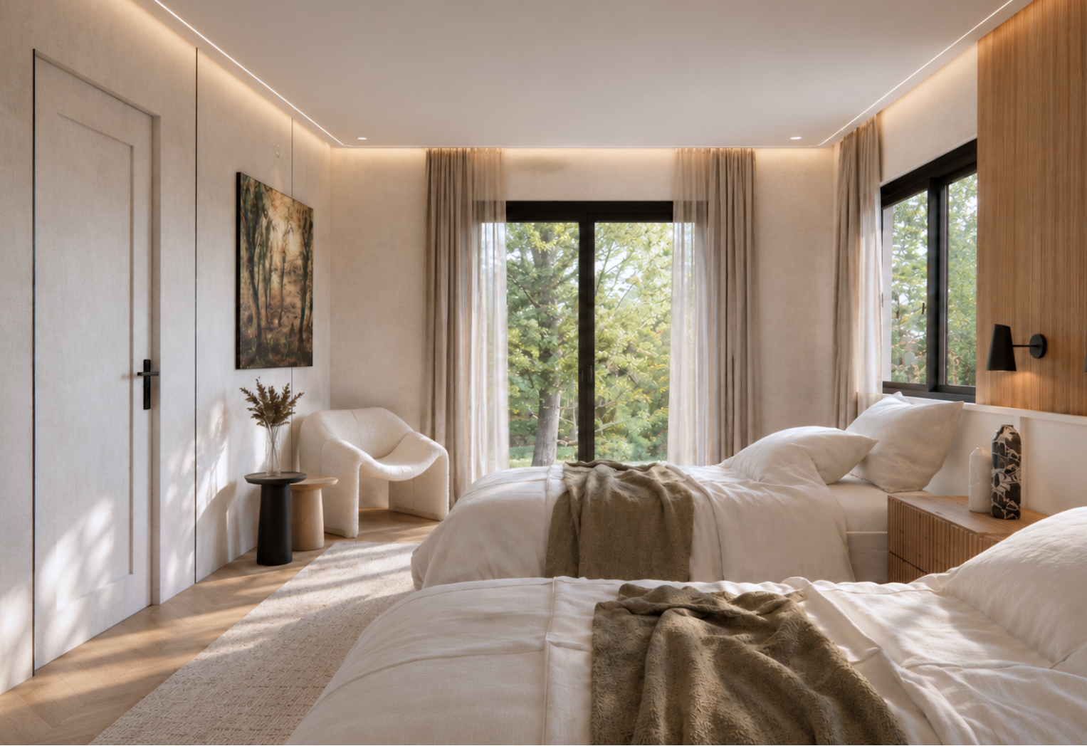 Bedroom with two twin beds in white linens and olive throws, a fluted wood nightstand, a central wood-slat panel with black reading lights, floor-to-ceiling curtained windows onto trees, a bouclé armchair with a side table and abstract art beside a light oak door