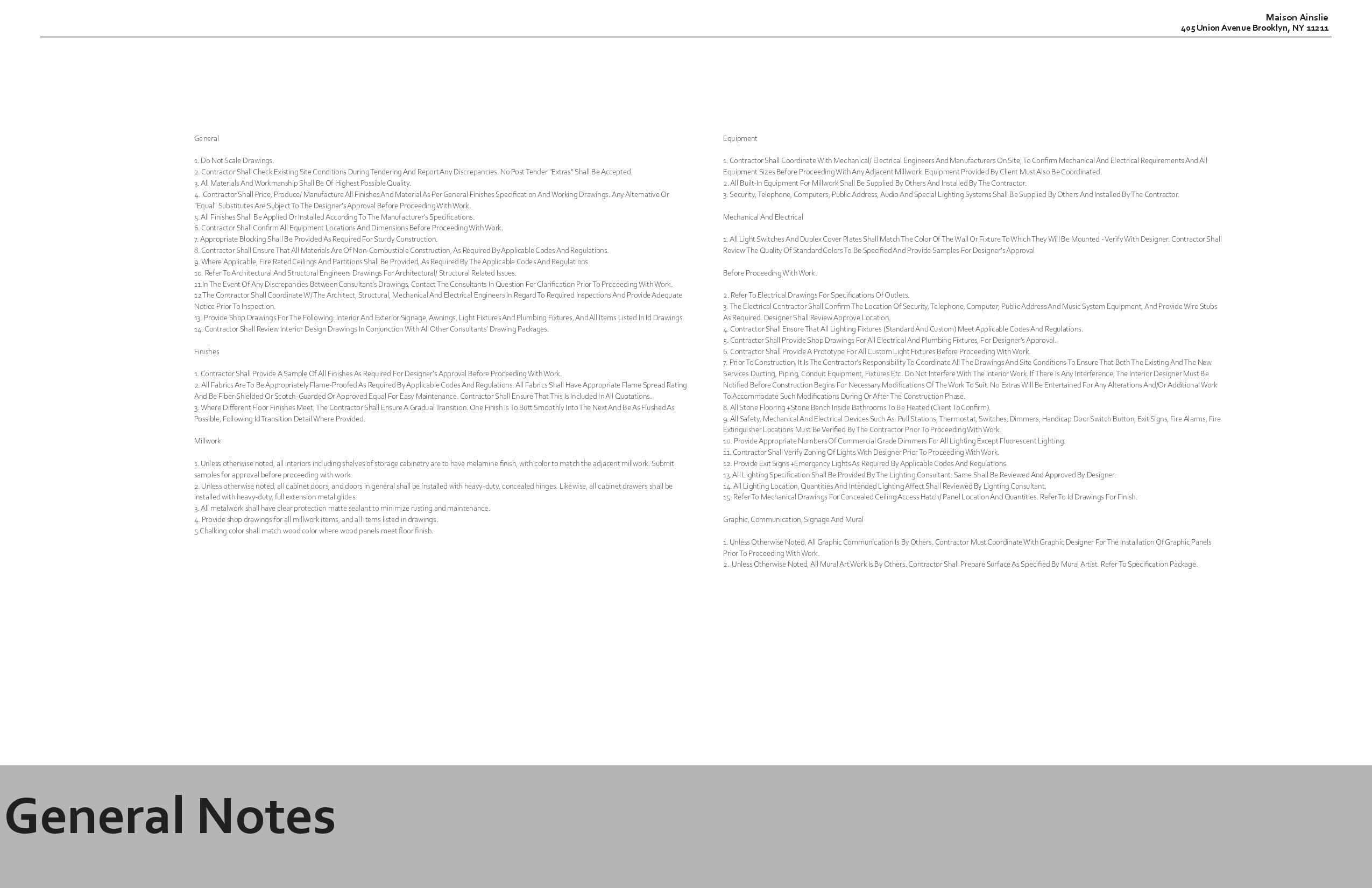 General notes page setting out requirements for finishes, millwork, equipment, mechanical and electrical work, and graphics, above a grey General Notes band
