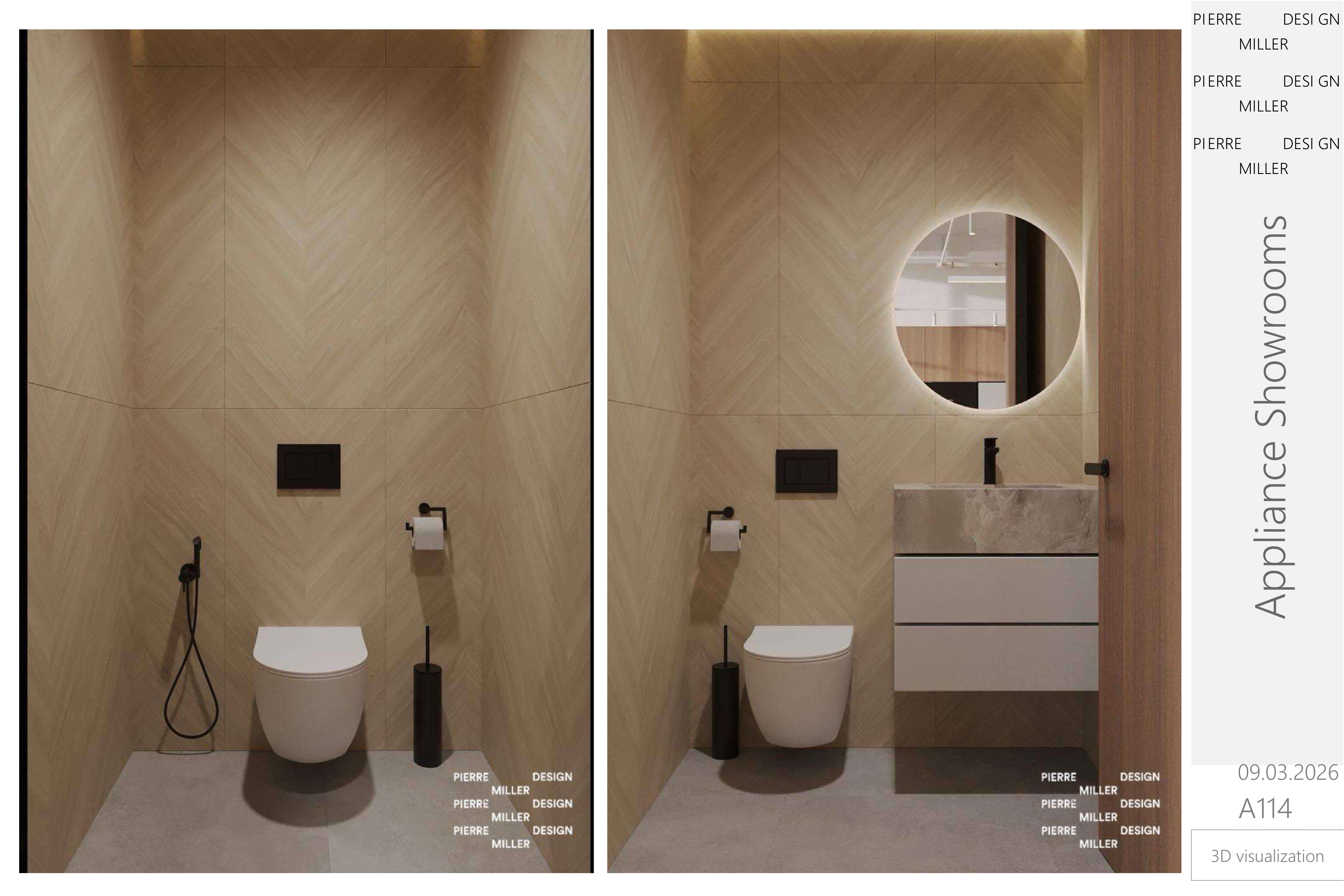 Two views of the staff bathroom in chevron-laid stone tile, with a wall-hung WC, matte black fittings, a backlit round mirror and a stone basin on pale drawer joinery