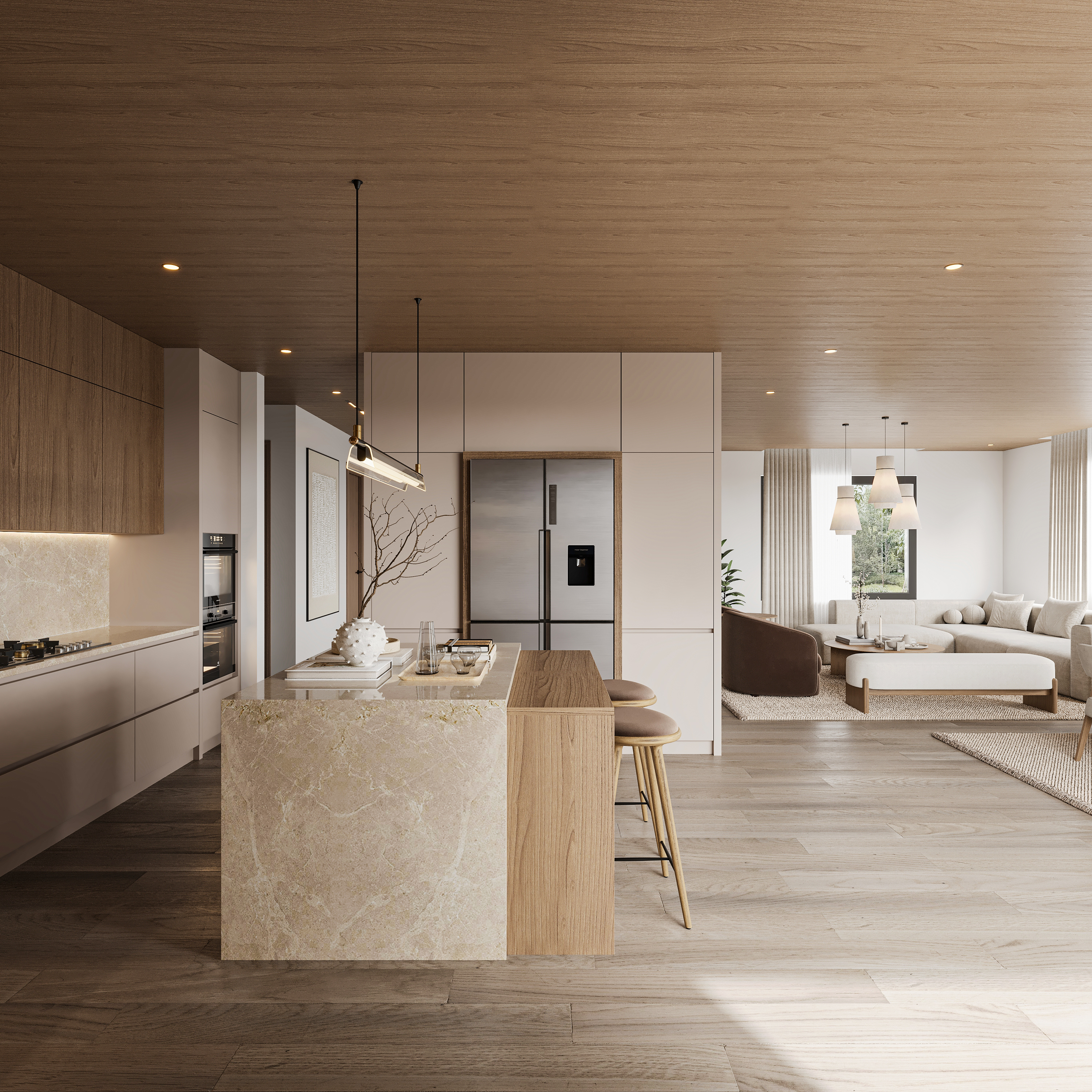 Kitchen open to the living room beneath a warm timber-lined ceiling, with a stone waterfall island and oak breakfast ledge, integrated ovens, tall cream joinery and ivory modular seating on woven rugs beyond