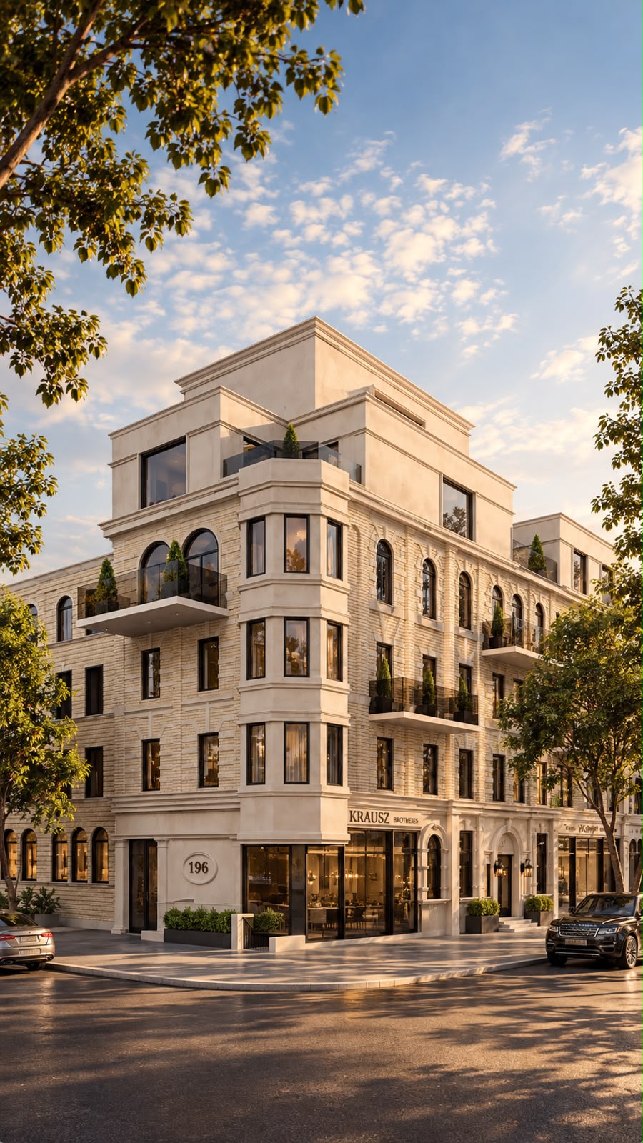 Portrait rendering of a classic-meets-modern beige stone building at a street corner, with a rounded corner entrance marked 196, KRAUSZ BROTHERS signage in dark serif above wraparound ground-floor windows, multiple floors of arched windows, inset balconies with glass railings and potted greenery, a stepped-back upper massing, framed by trees and neighbouring buildings with a black SUV and silver sedan on the street under a clear light-blue sky