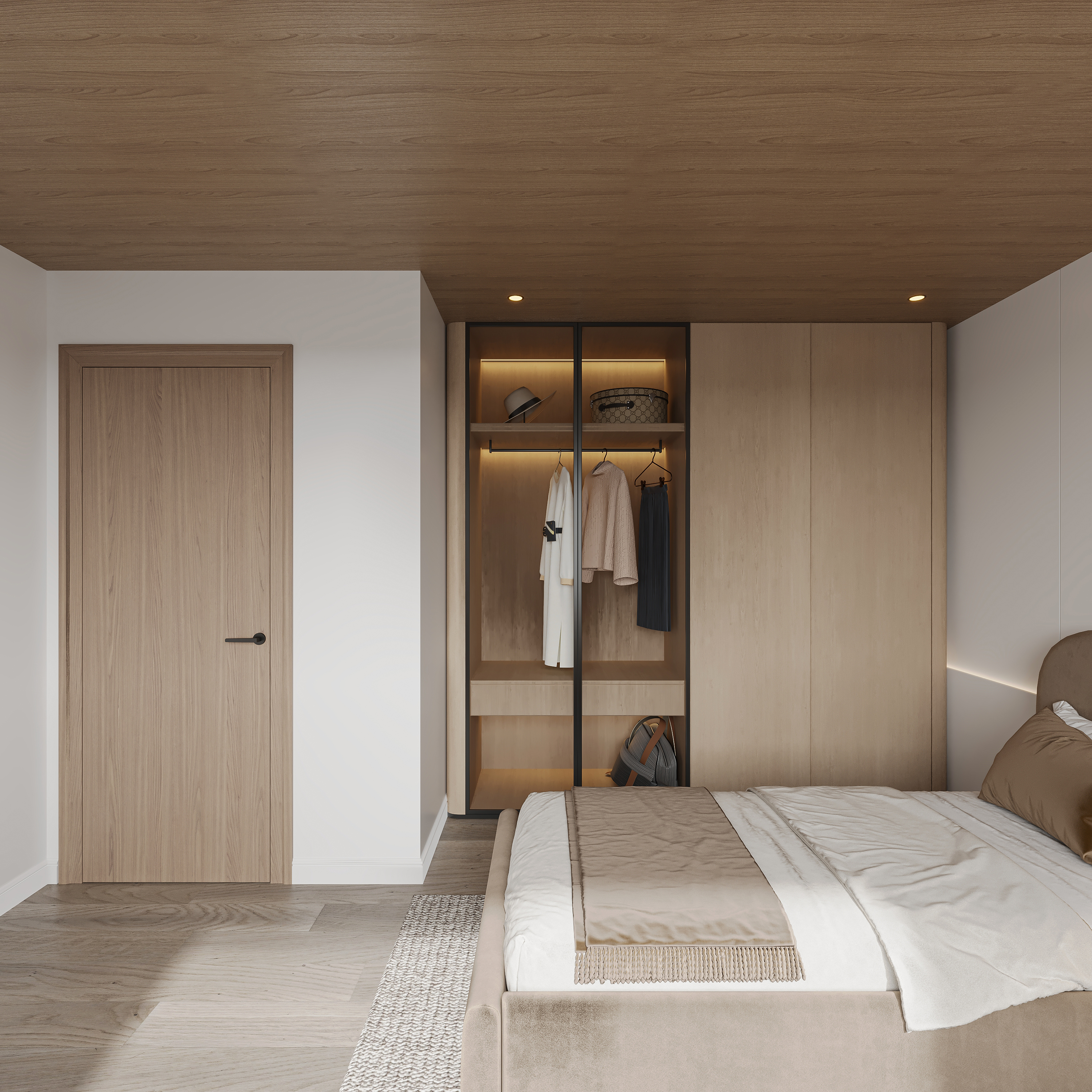 Bedroom wardrobe detail in pale oak with a glass-fronted LED-lit hanging section, drawer bank below, oak veneer door alongside and a taupe velvet bed in the foreground