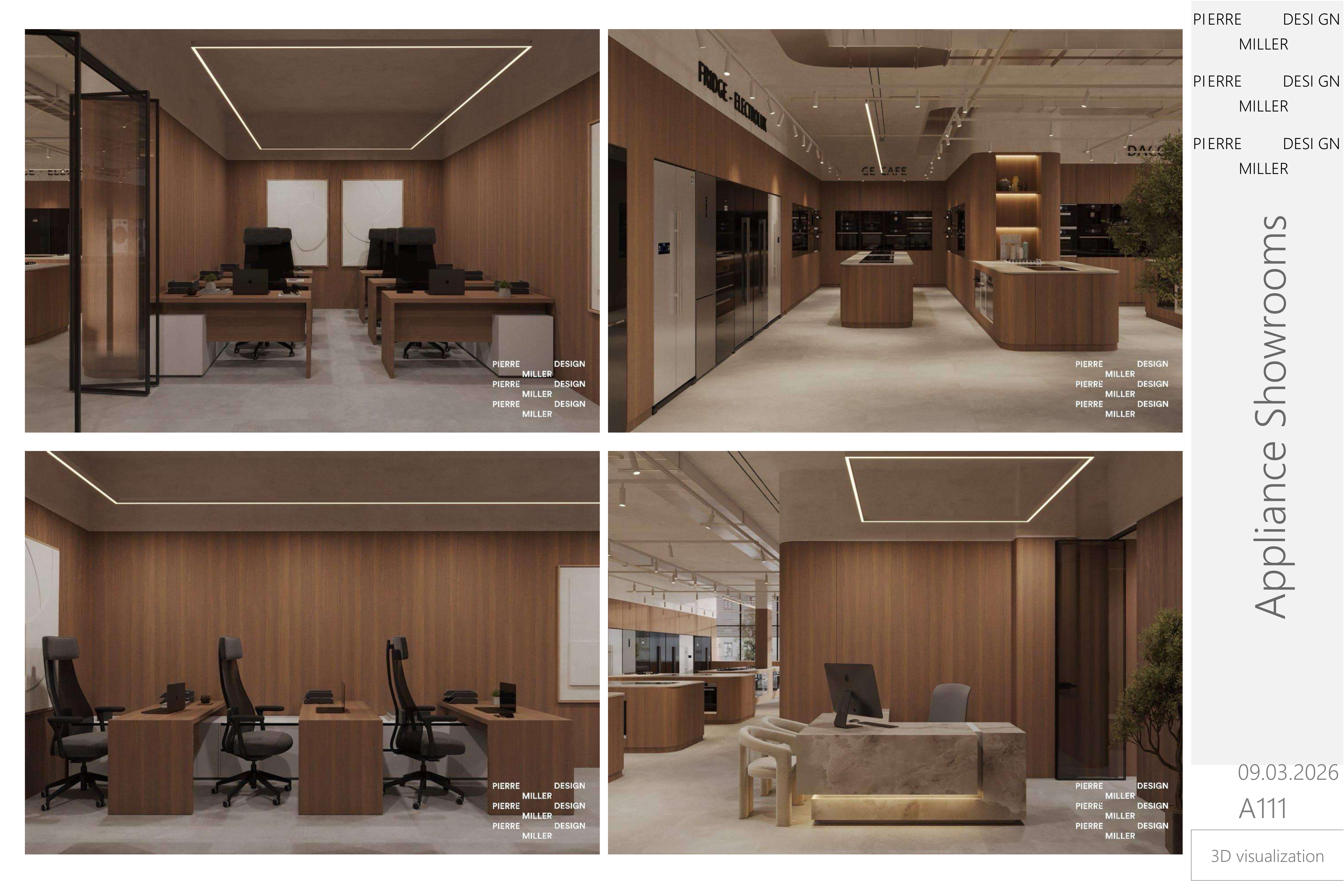 Showroom offices in oak panelling with linear ceiling lights, paired desks behind a glazed partition and the reception desk overlooking the display floor