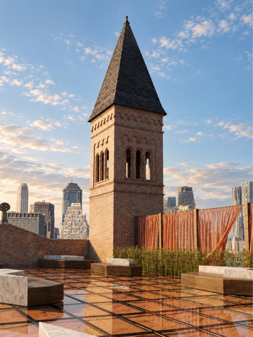 Rooftop terrace at golden hour beside a landmark brick bell tower, with a mirror-polished amber resin floor on a black steel grid, marble-topped timber benches, tall reeds and a copper curtain screen open to the skyline