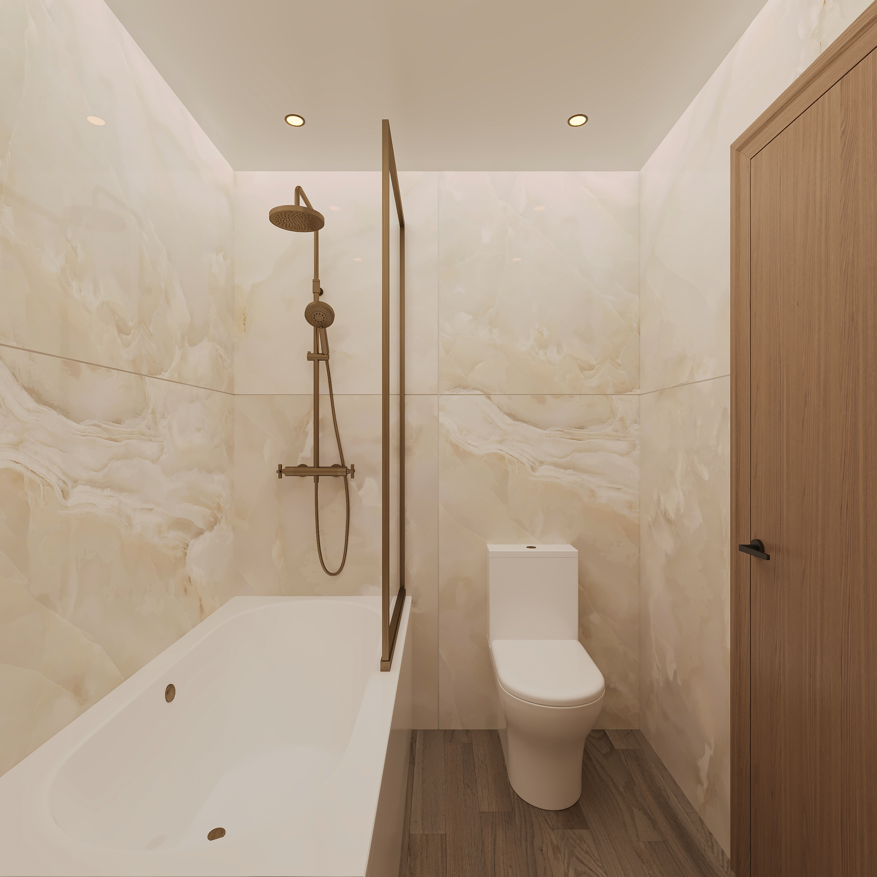 Bathroom in pale onyx stone with a built-in bath, antique brass thermostatic shower column and glass screen, wall-hung WC and an oak veneer door on timber-look flooring