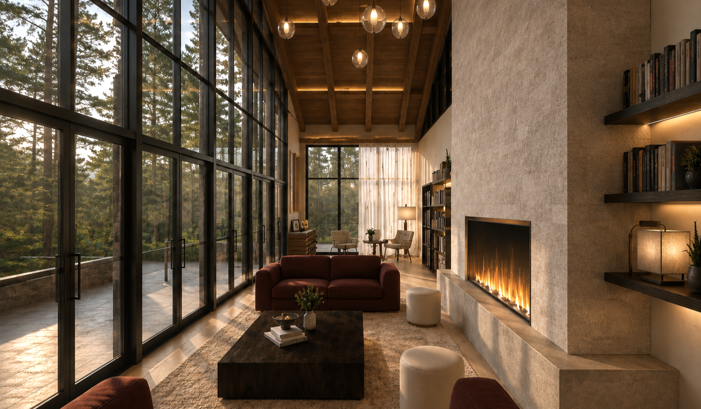 Lounge with a vaulted dark-beamed ceiling and linear LED cove lighting, a cluster of five glass globe pendants, a floor-to-ceiling black-framed forest window wall, a full-height textured stone fireplace with a linear fire, a dark burgundy low-back sofa, two cream cylindrical ottomans and a dark timber coffee table on a woven rug