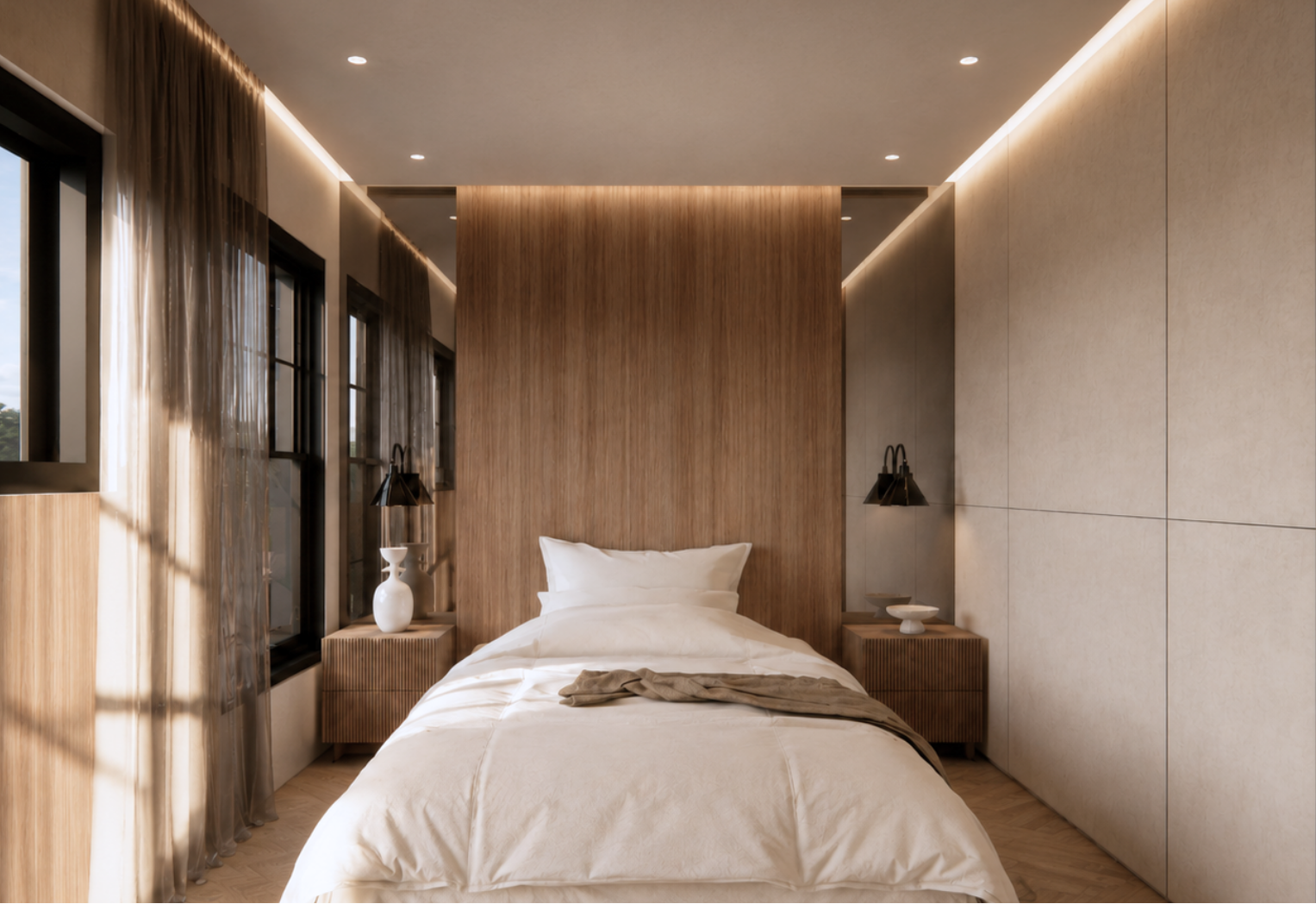 Symmetrical bedroom with a white-clothed bed against a floor-to-ceiling vertical wood-slat headboard flanked by tall inset mirrors, black double-arm sconces, ribbed wood nightstands and a black-framed window with sheer curtains on herringbone oak flooring