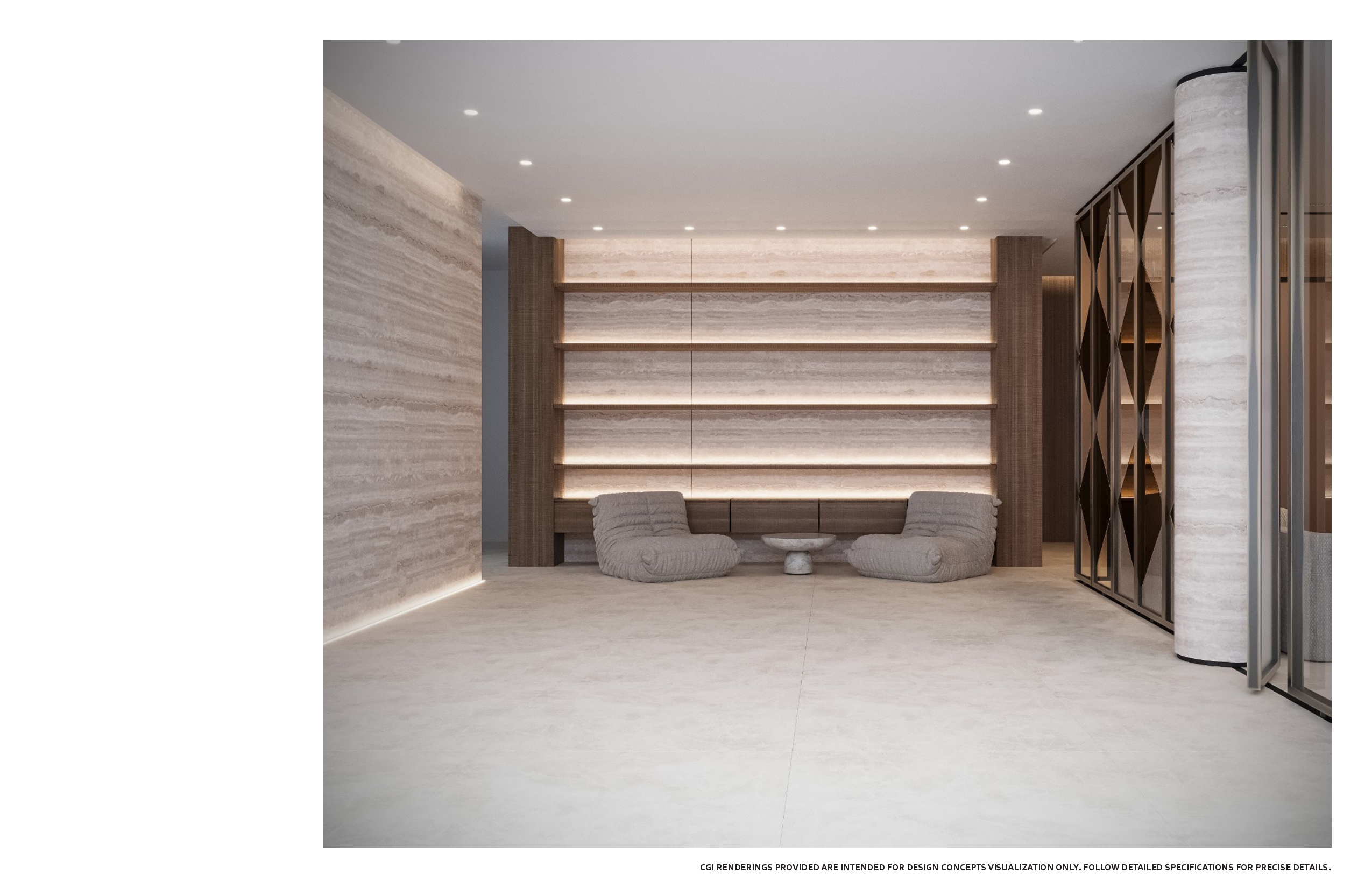 Straight-on view of the lobby lounge — a full-width backlit travertine shelving wall with walnut piers, paired grey bean chairs, a small stone table and pale poured stone flooring