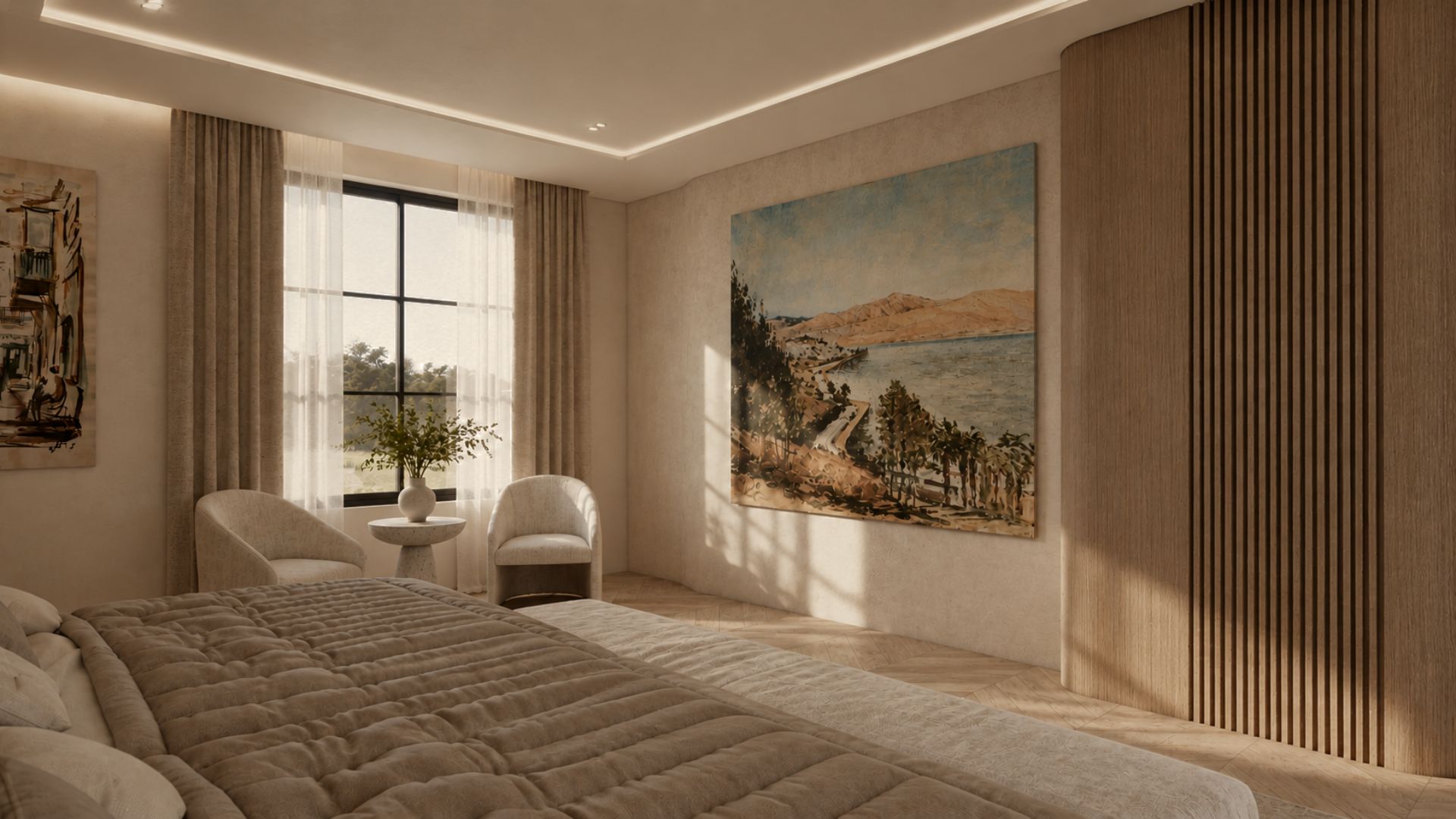 Bedroom seating corner with a large lakeside landscape canvas, reeded timber panelling, paired boucle armchairs and a stone side table beside sheer curtains at a black-framed window