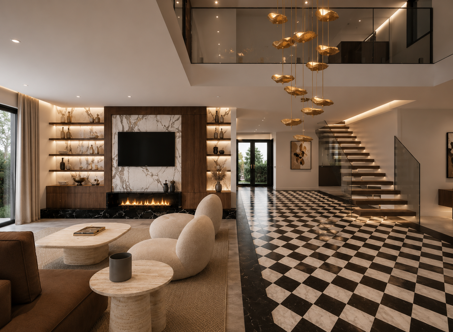 Living room and entry hall seen together — a marble fireplace wall with backlit walnut shelving, sculptural bouclé armchairs and travertine tables beside a black-and-white chequerboard marble floor under a cascading gilded-leaf chandelier