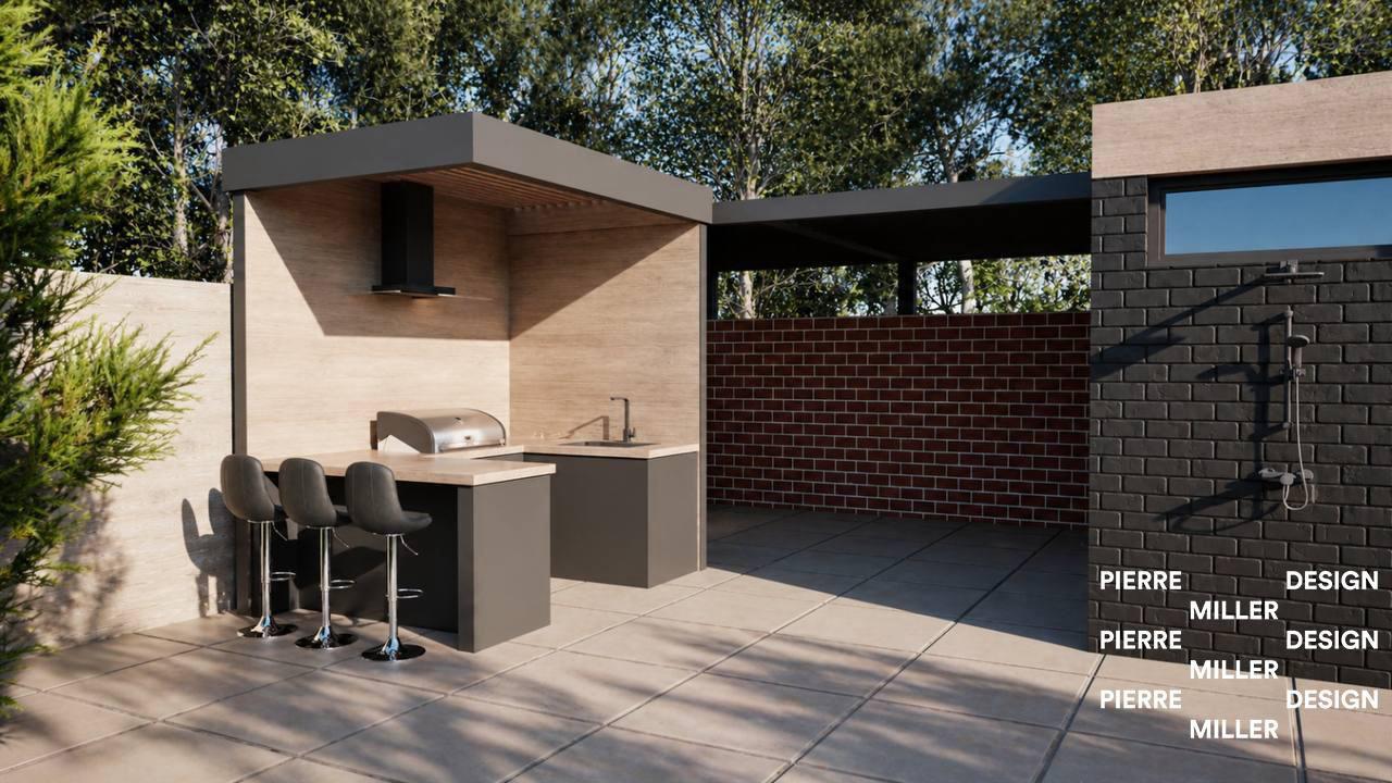 Outdoor kitchen with a light wood-look countertop and backsplash, stainless steel grill and sink, black range hood under a dark canopy, three dark grey bar stools with chrome bases, dark grey brick walls with a shower fixture, a red brick accent wall and light concrete pavers