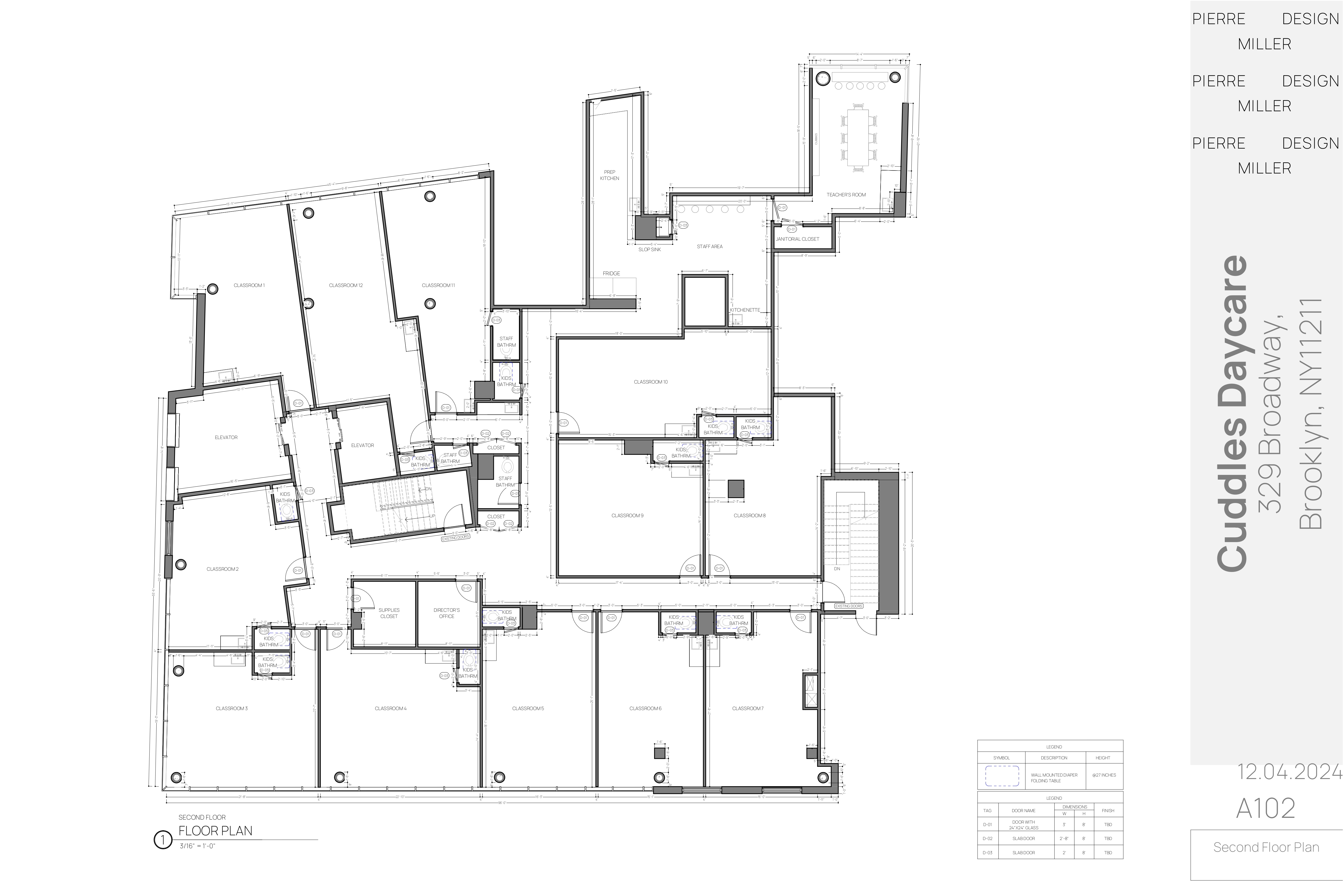 Drawing A102 — second floor plan showing classrooms, staff bathrooms, prep kitchen, teachers' room, director's office, supply closet, stairs and elevators