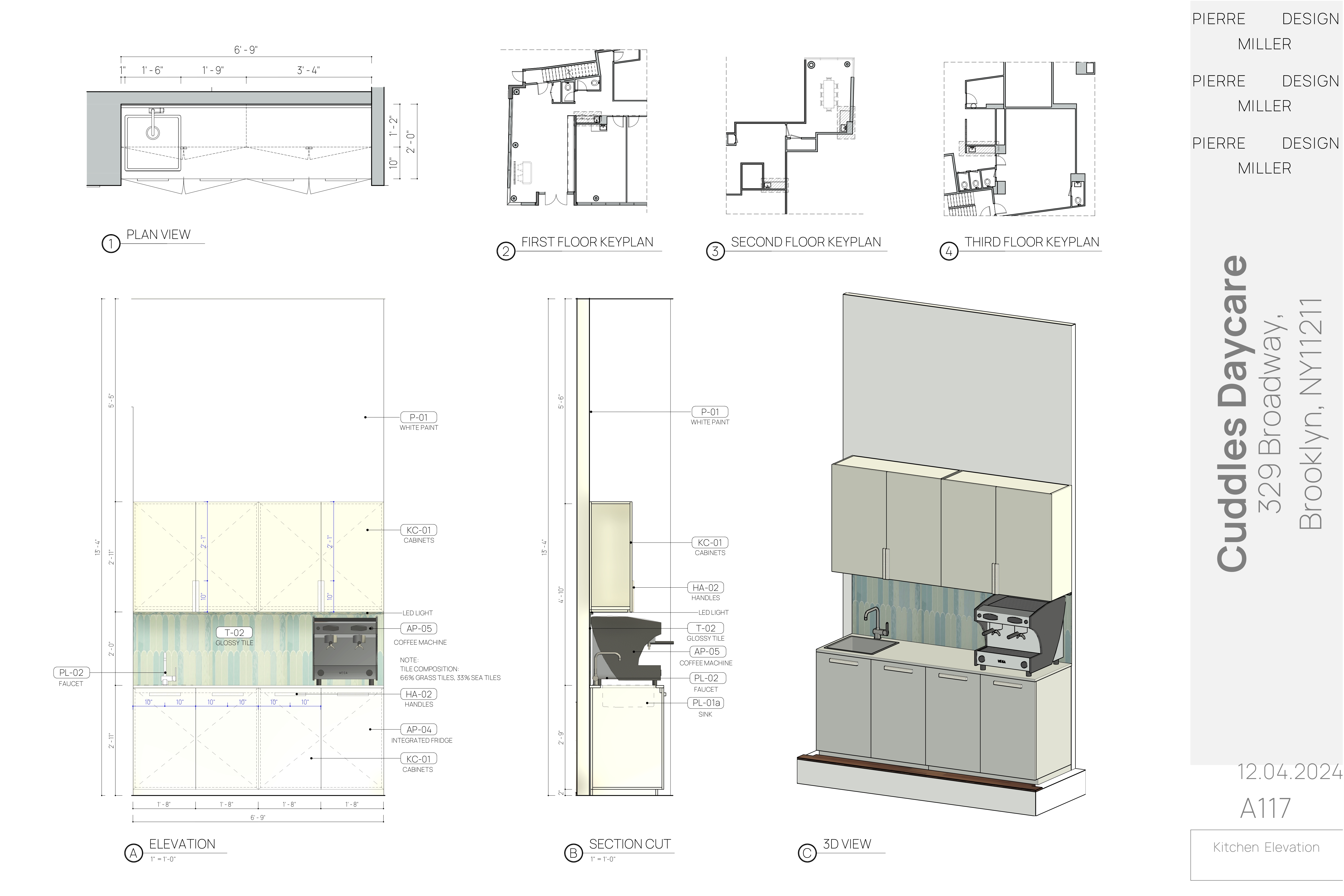 Drawing A117 — kitchenette elevation with plan view, three floor keyplans, section cut and 3D view, noting sage cabinets, glossy grass and sea tile splashback, coffee machine, integrated fridge and brushed handles