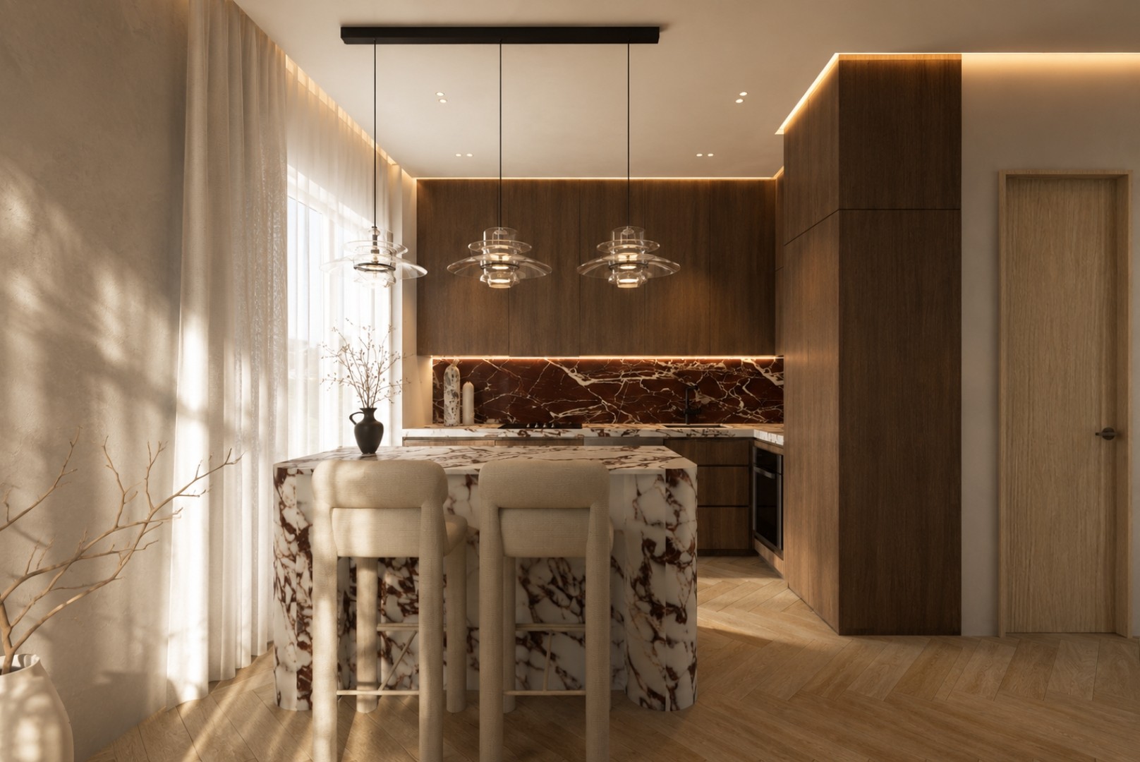 Kitchen in low sunlight with a violet-veined marble waterfall island and two bouclé bar stools, walnut cabinetry, backlit oxblood marble splashback and three tiered glass pendants on a black track
