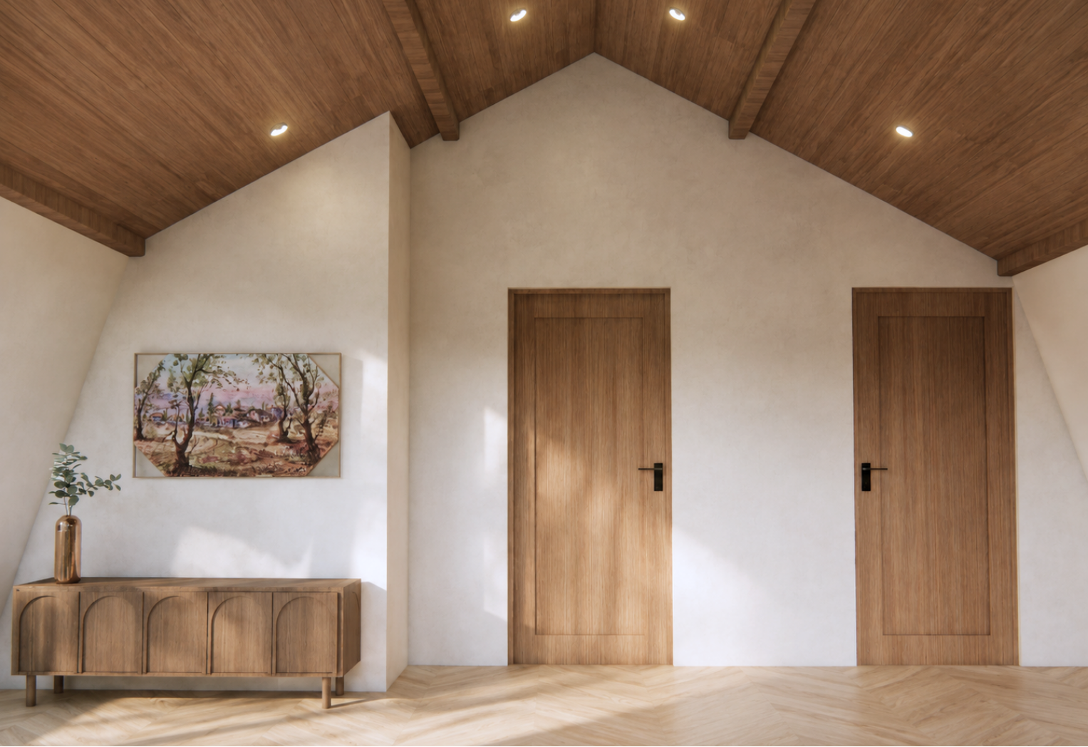 Vaulted corridor with a wood-paneled gabled ceiling and recessed spotlights, two vertical-plank oak doors with black handles, a mid-century arched-panel sideboard with a copper vase of branches and a framed pastoral landscape painting on a plaster wall over herringbone oak flooring