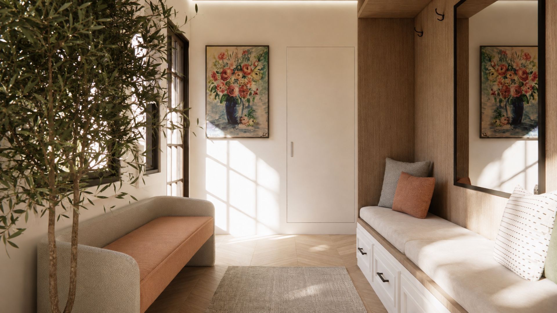 Entry vestibule in warm afternoon light with an olive tree, a grey and terracotta bench, a floral still-life painting and an oak mudroom nook with cushioned bench seating over white drawers