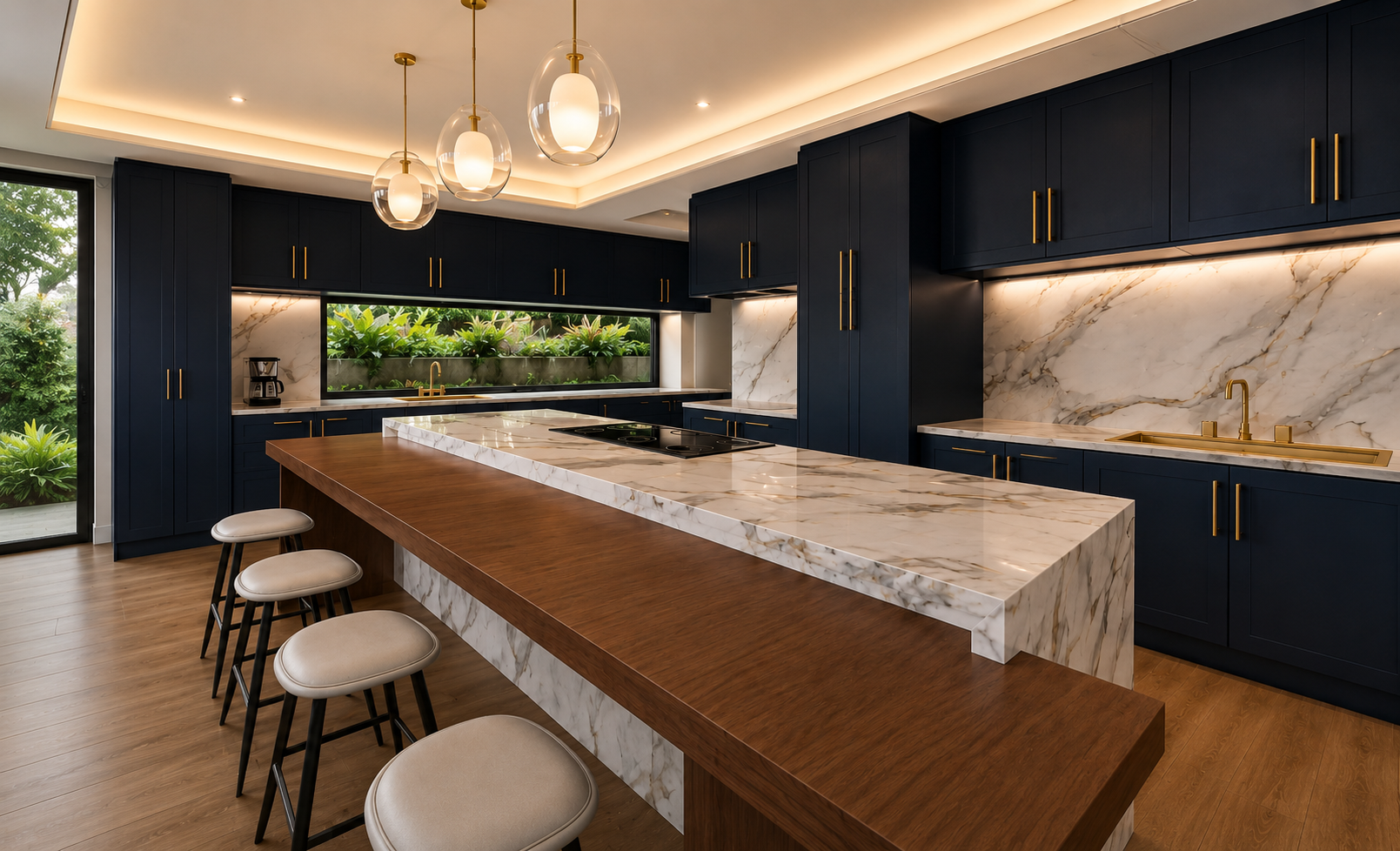 Wide kitchen view with navy cabinetry, brass tapware over an undermount sink, marble backsplash and ribbon window, walnut breakfast bar with black-legged stools and glass globe pendants on oak flooring