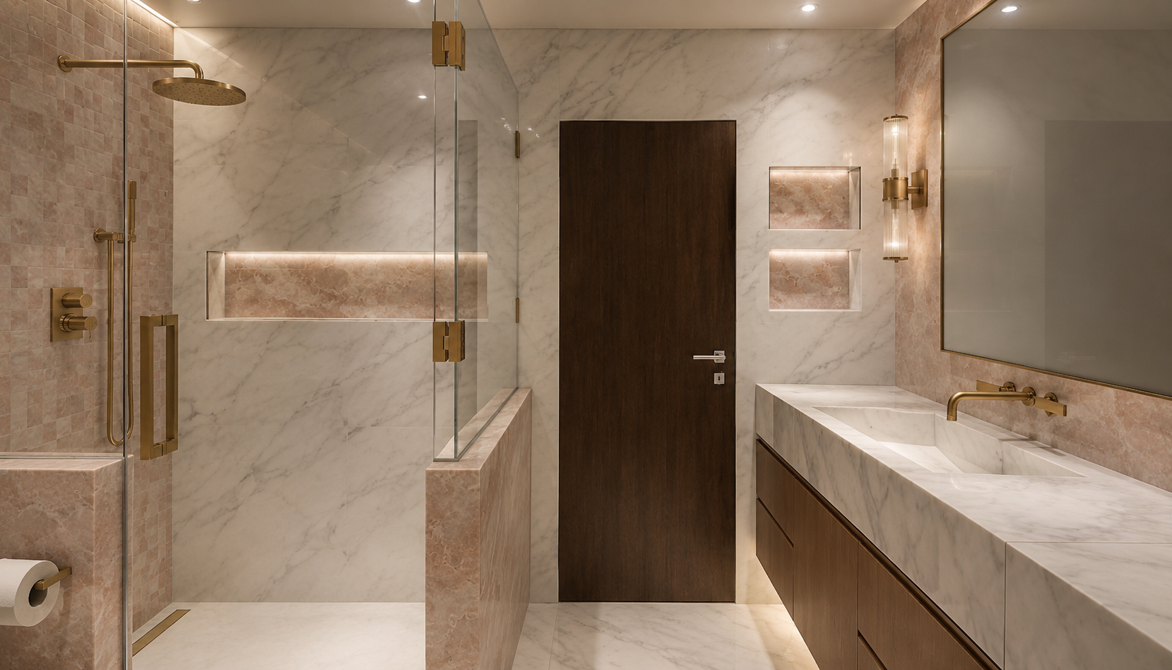 Marble bathroom with a walk-in glass shower in mosaic and honed stone with brass fittings, a backlit stone niche, dark walnut door and twin carved basins on a walnut vanity with brass wall taps