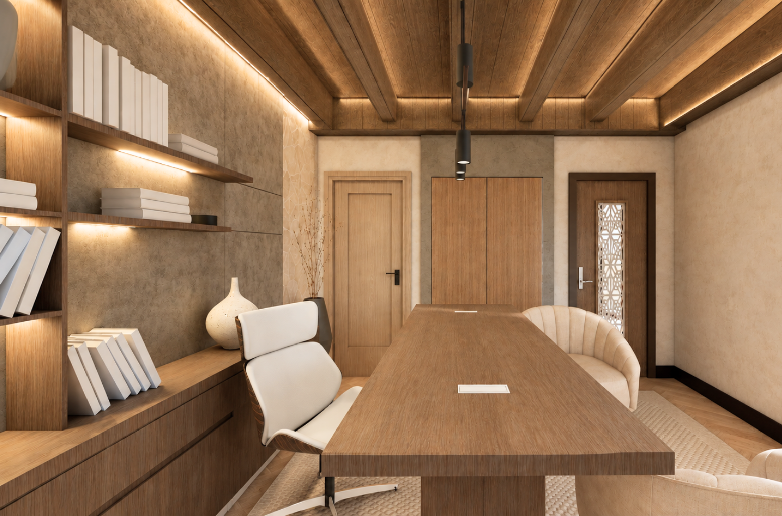 Study from a raised angle with a solid timber desk, white ergonomic chair and two cream channel-tufted armchairs, an LED-lit shelving unit of white books, grey wall panels, a fretwork door, a stacked cylindrical black pendant and a tall dark vase of branches on herringbone oak under vaulted timber beams
