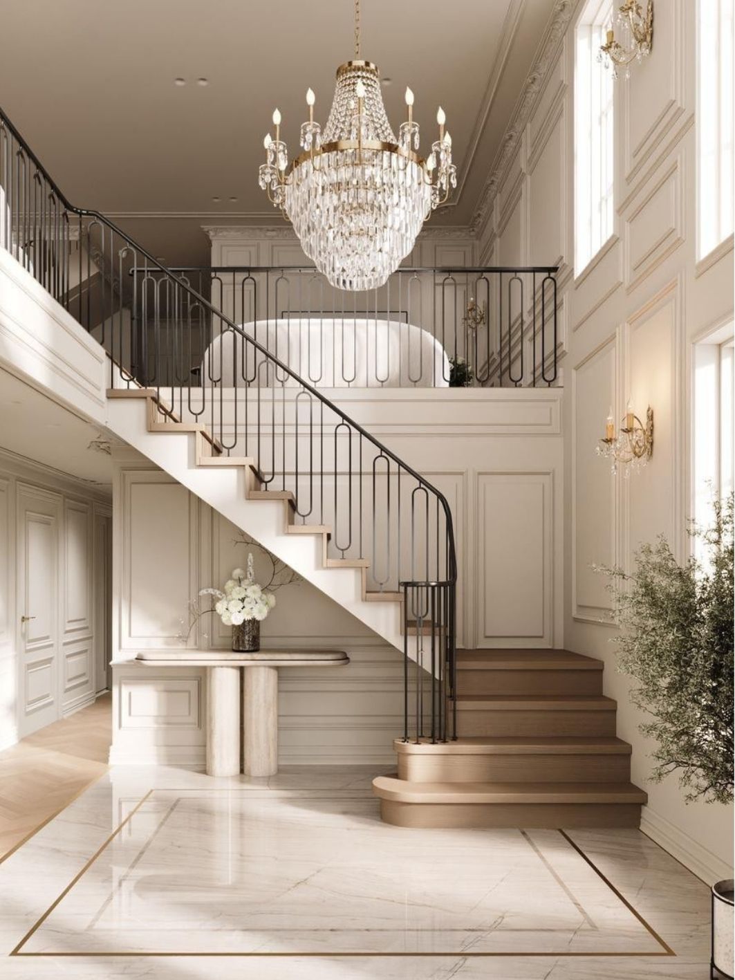 Double-height entrance hall with a marble floor inlaid with brass, an oak staircase and black ironwork balustrade, panelled plaster walls, a stone console and a crystal basket chandelier