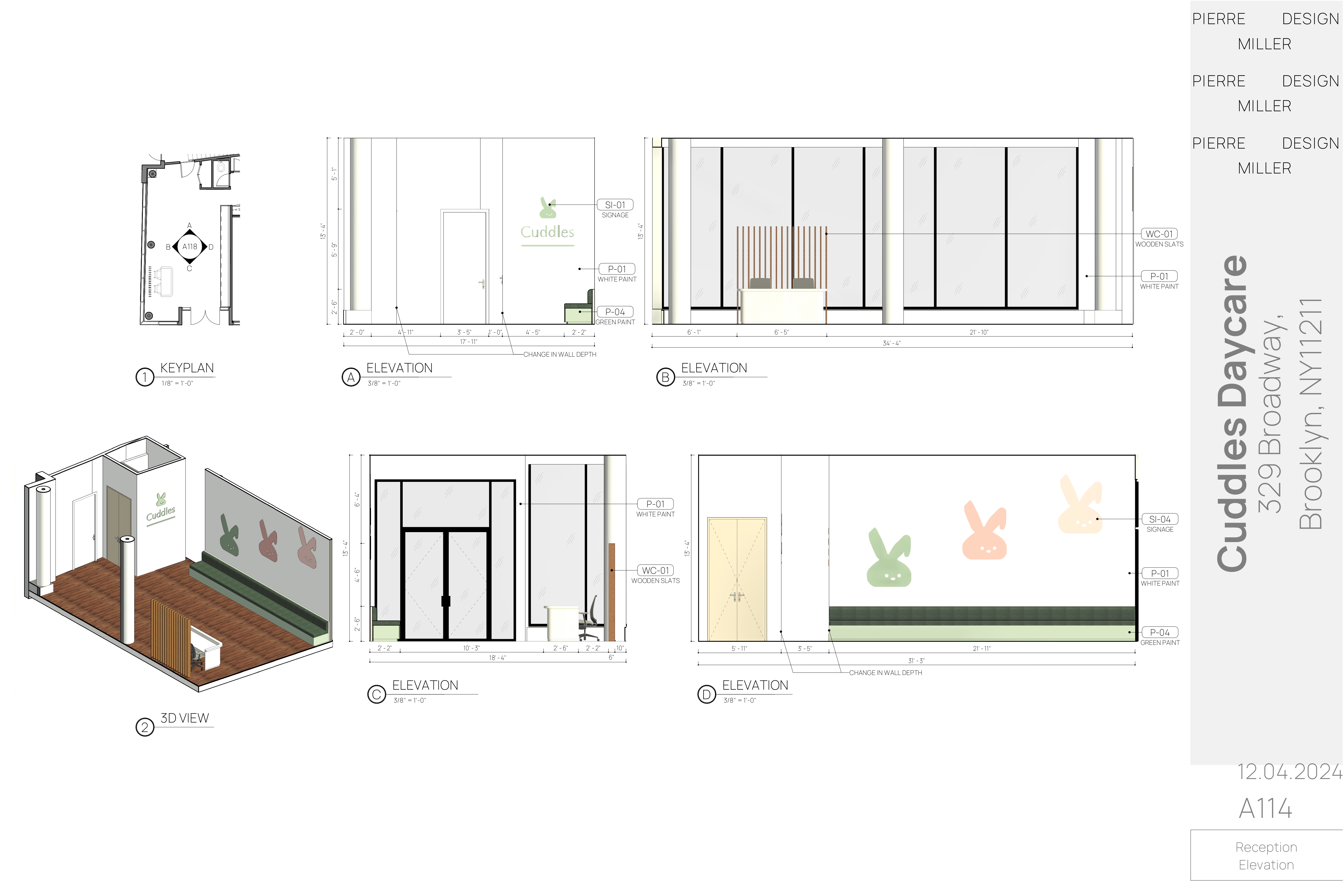 Drawing A114 — reception elevations with a keyplan, 3D view and four dimensioned elevations noting Cuddles bunny signage, wooden slat cladding, white and green paint finishes