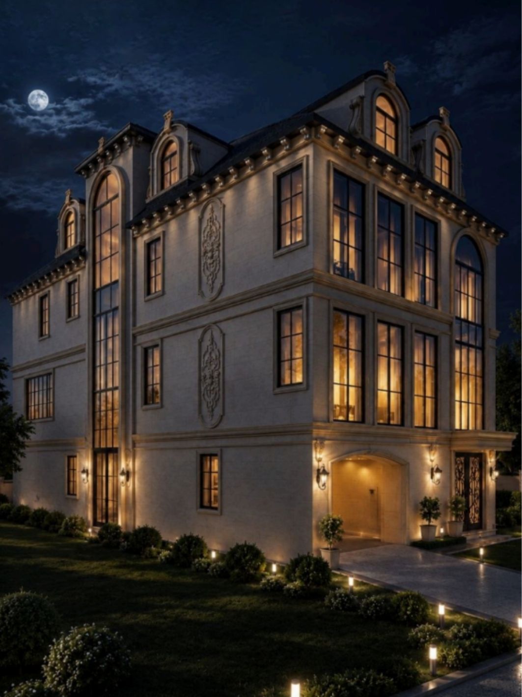 The same limestone residence at night under a full moon, warm interior light filling the tall arched windows, lanterns flanking the arched entry loggia and path lights tracing the lawn and stone drive