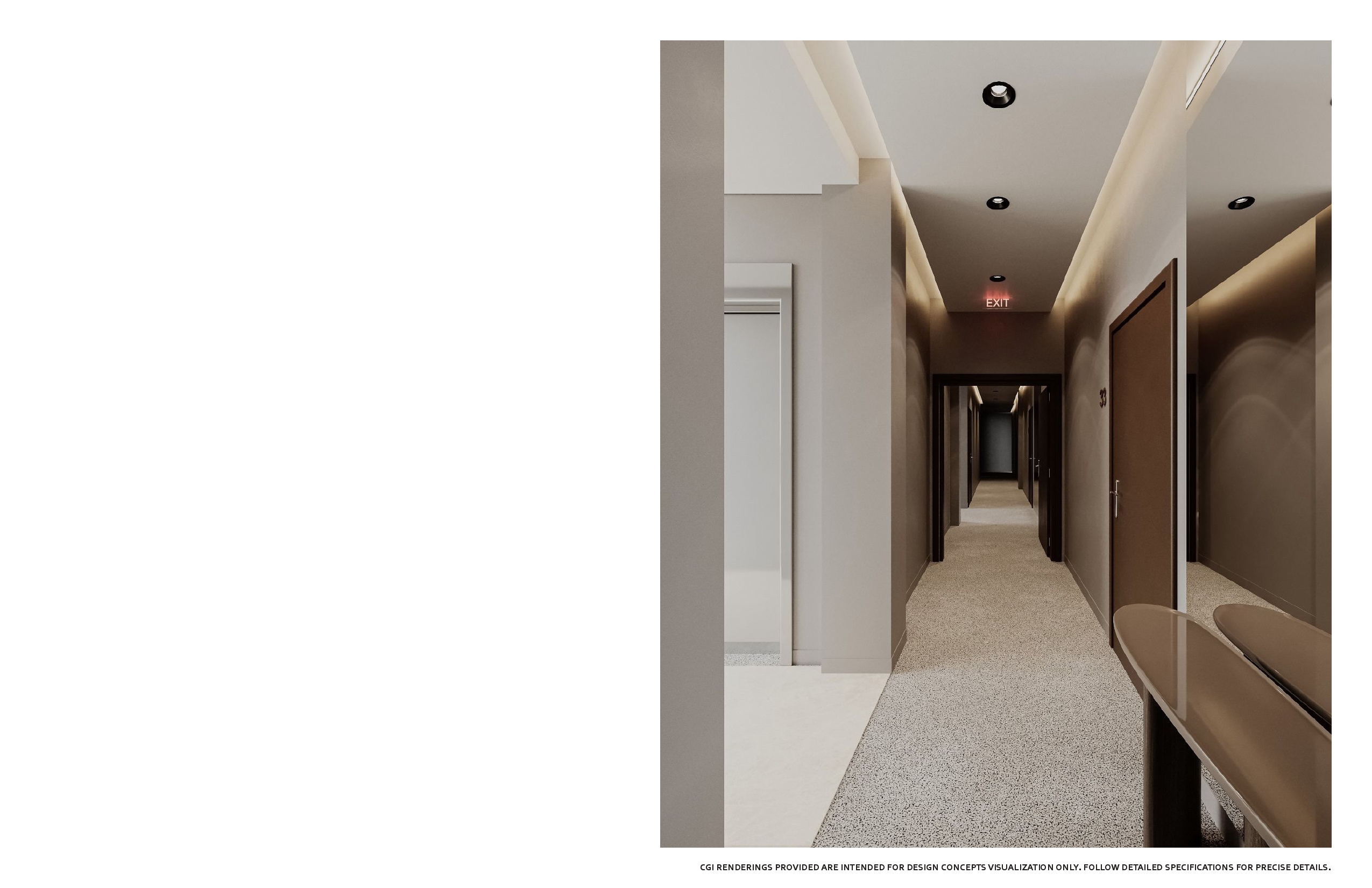 Residential corridor with cove-lit plaster ceilings, warm taupe walls, walnut apartment doors with numerals, terrazzo-patterned carpet and a bronze mirrored console at the near wall