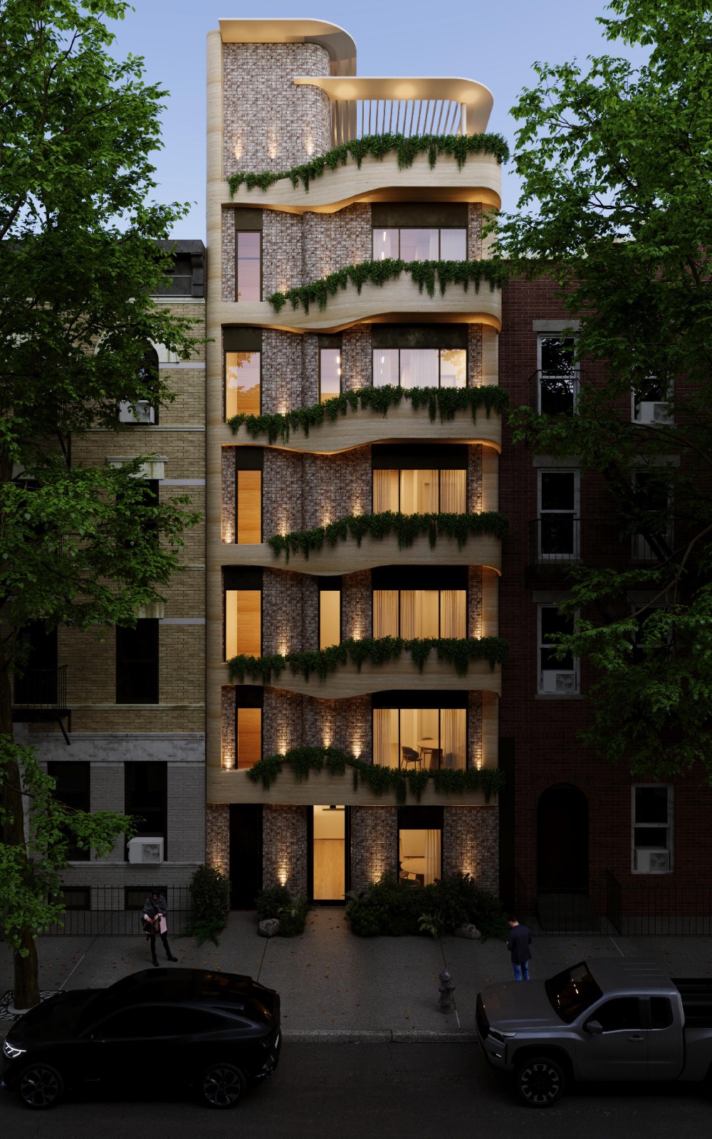 Dusk street elevation of the Brooklyn building — a curved cast-stone and grey brick façade with warm lit interiors, cascading planted balconies, a rooftop terrace with slender balustrade and neighbouring townhouses either side