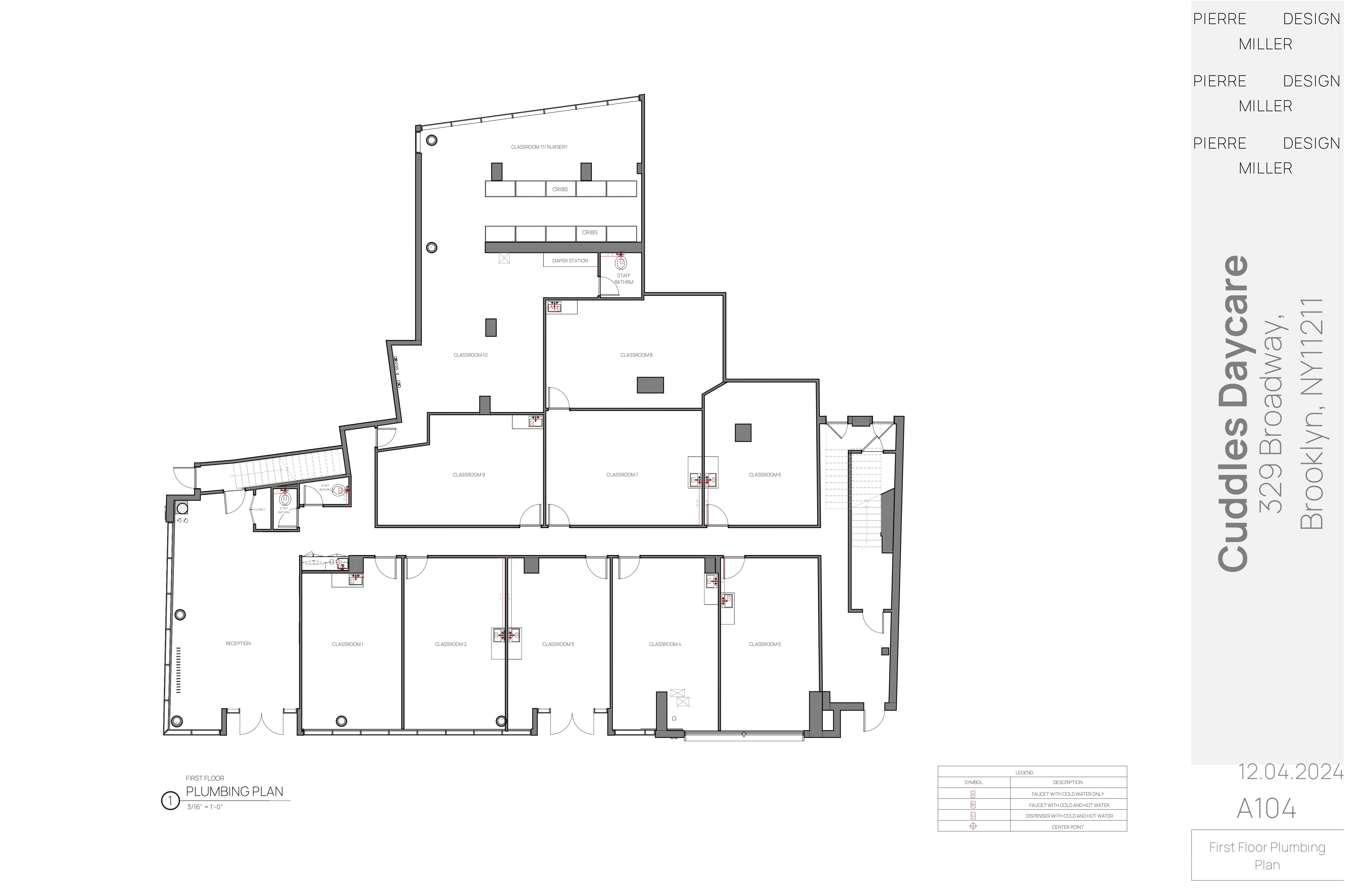 Drawing A104 — first floor plumbing plan marking faucets, hot and cold supplies, drinking fountains and centre points across classrooms and the nursery