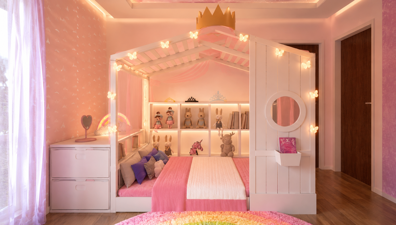 Girl's bedroom with a white house-frame canopy bed and gold crown, pink butterfly appliqués, painted cloud ceiling, petal chandelier, lilac sheer curtains and a rainbow heart rug