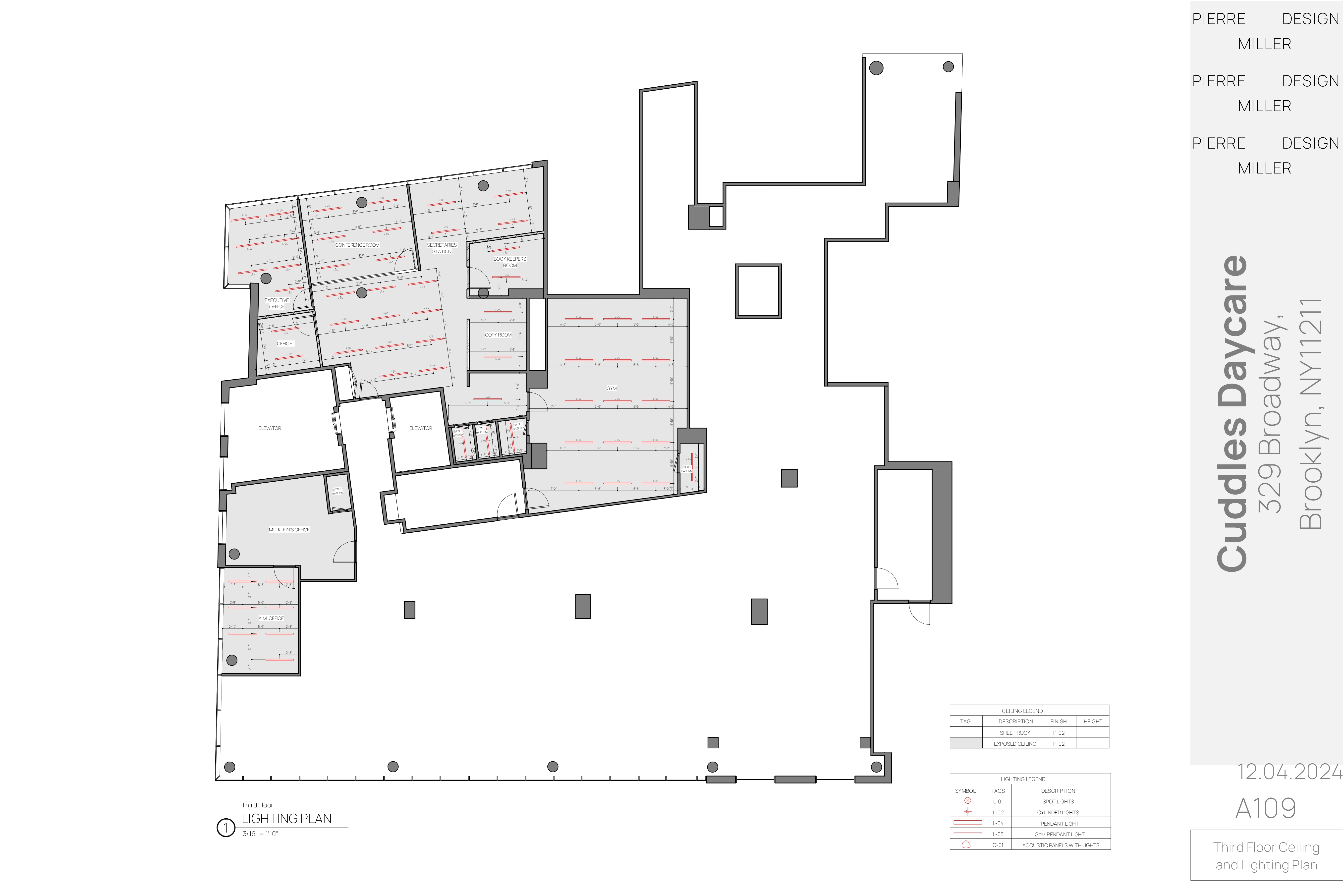 Drawing A109 — third floor ceiling and lighting plan with linear pendant runs over the gym, offices and conference room and a lighting symbol legend