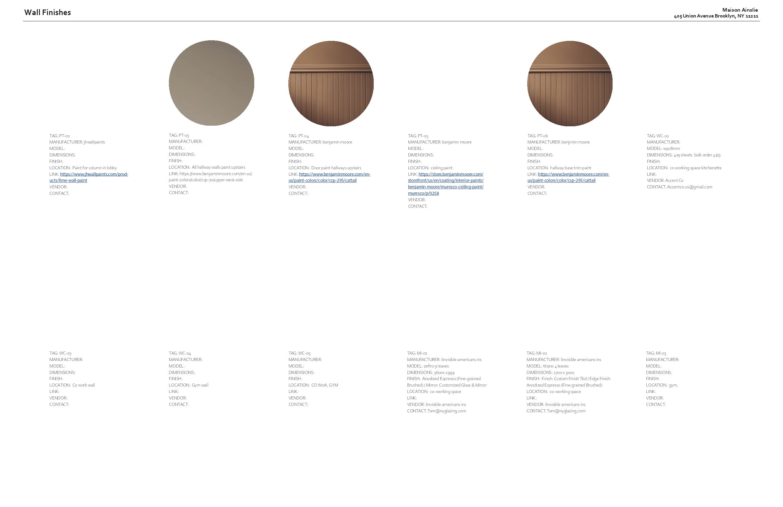 Wall finishes sheet with paint and ribbed timber samples for the lobby column, hallway walls, doors, ceilings and trim, plus wall covering and mirror specifications tagged by location