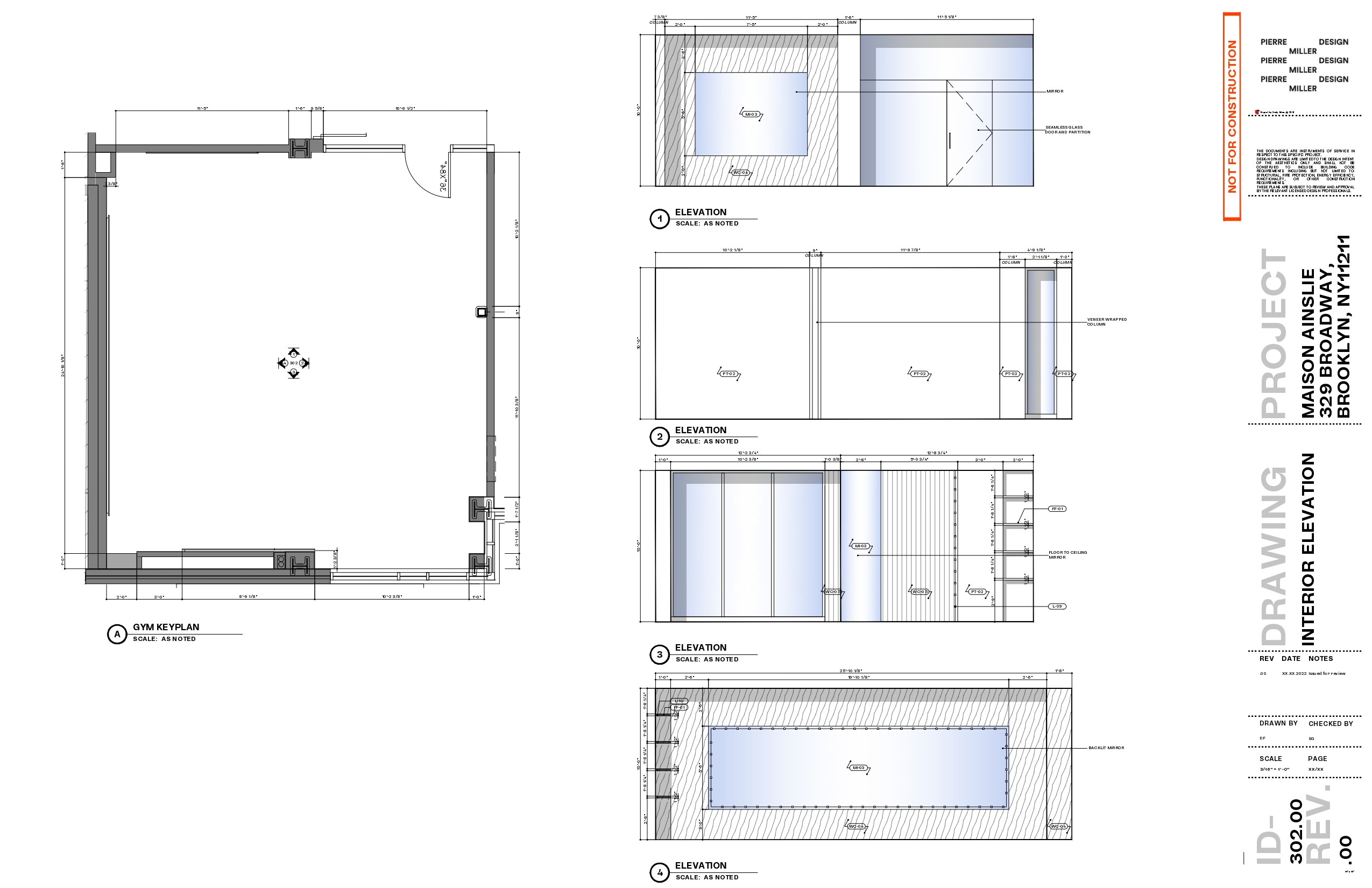 Gym interior elevations with a keyplan showing mirrored wall runs, the glazed sliding partition, timber-wrapped column and a backlit mirror panel