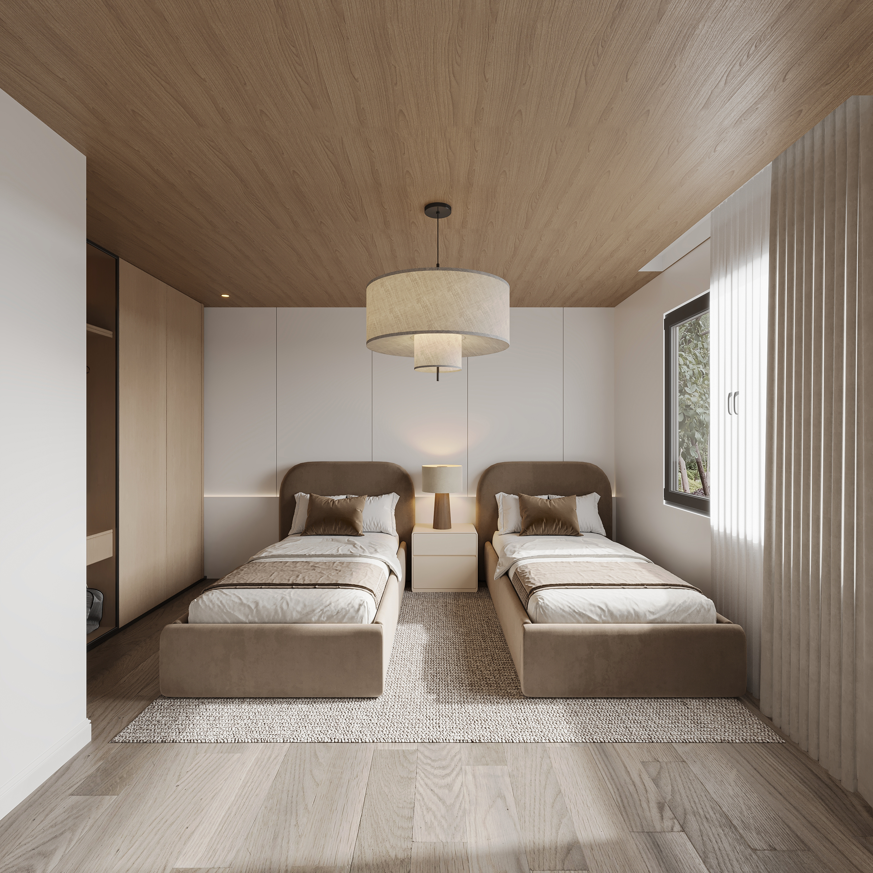 Twin bedroom with taupe velvet beds and rounded headboards, full-height cream wardrobe joinery with concealed lighting, a white nightstand with a ceramic lamp and a drum pendant