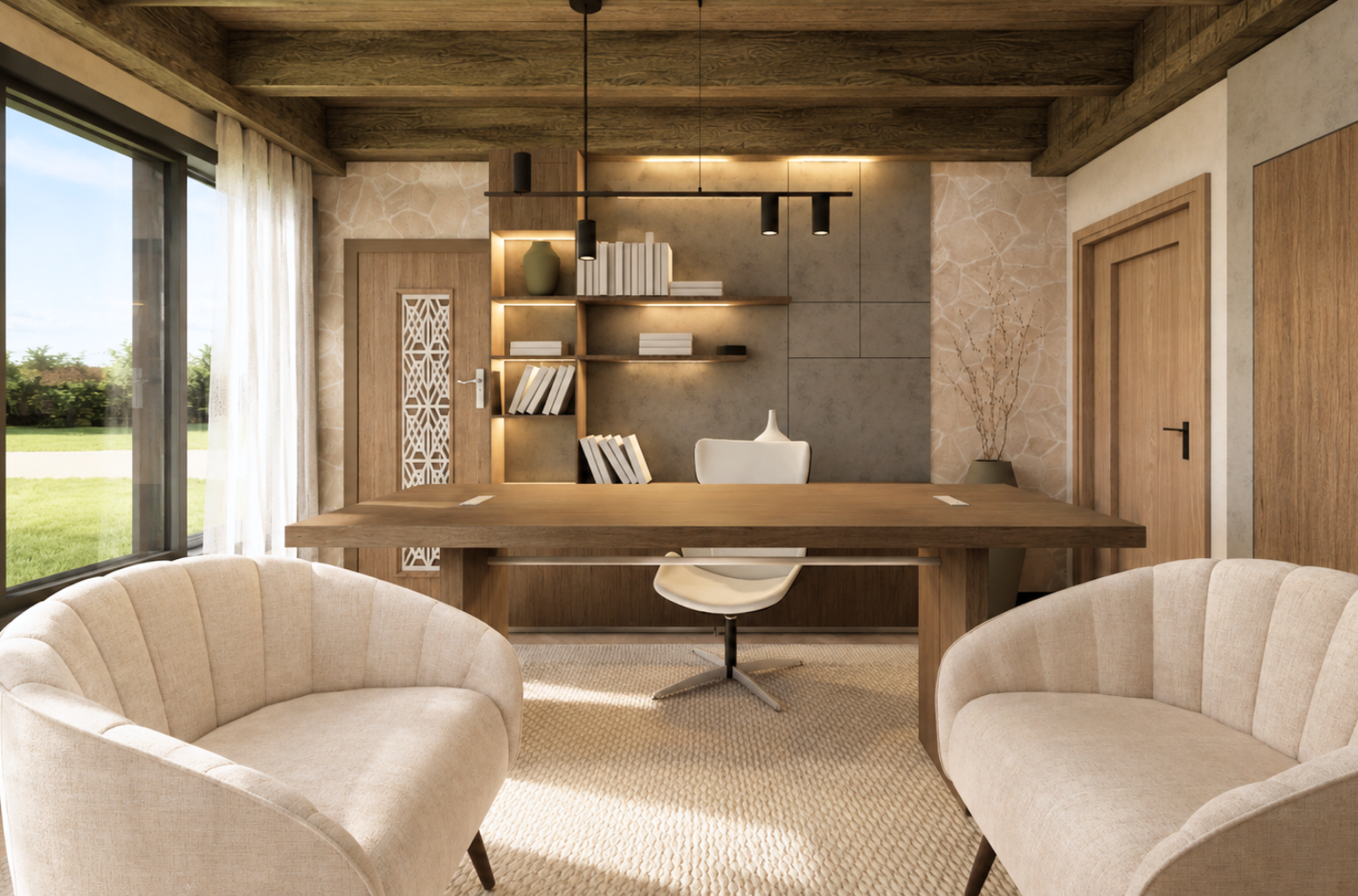 Study with a dark timber desk, two cream curved-back armchairs, a backlit bookshelf against grey stone panels, a fretwork-panelled door, a linear black spotlight pendant, full-height sheer-curtained forest glazing and a tall grey vase of branches on a woven rug over herringbone oak