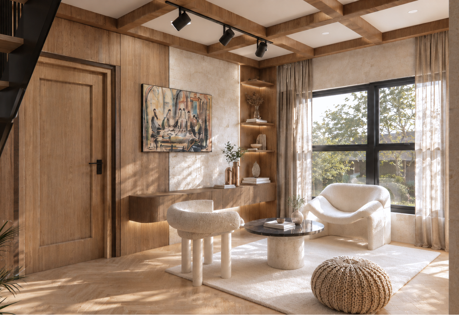 Seating corner with a white textured lounge chair and stool around a round dark marble coffee table, a back-lit wood console shelf with a framed abstract painting, floating display shelves and track lighting on a coffered wood ceiling