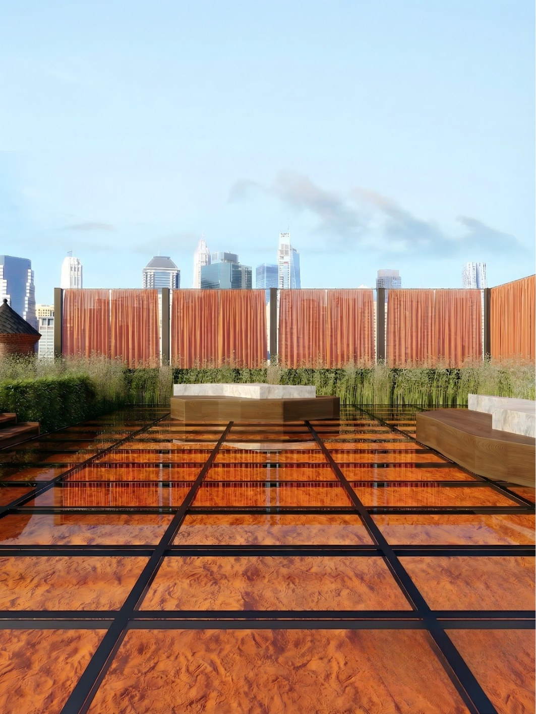 Amber resin terrace on a black steel grid reflecting the sky, a marble-topped timber bench, drifts of reeds and a full-width copper curtain screen with the downtown skyline beyond
