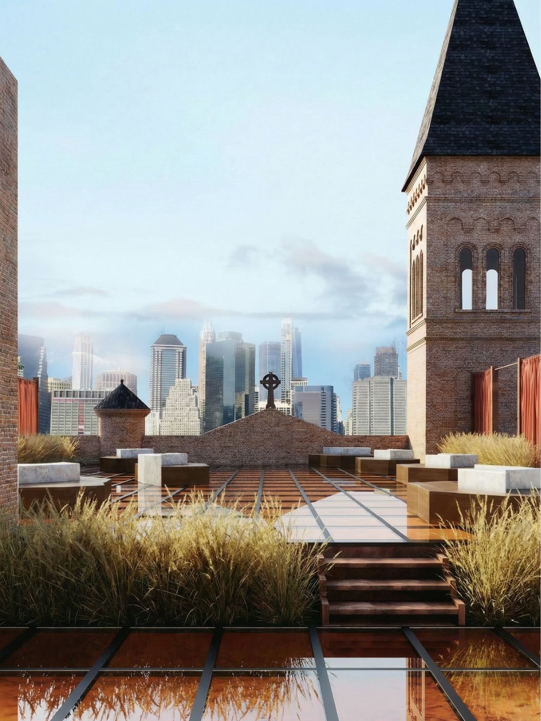 Central axis of the rooftop between brick parapets and the bell tower, with stepped resin decking, white marble benches, wind-blown grasses and the city skyline on the horizon
