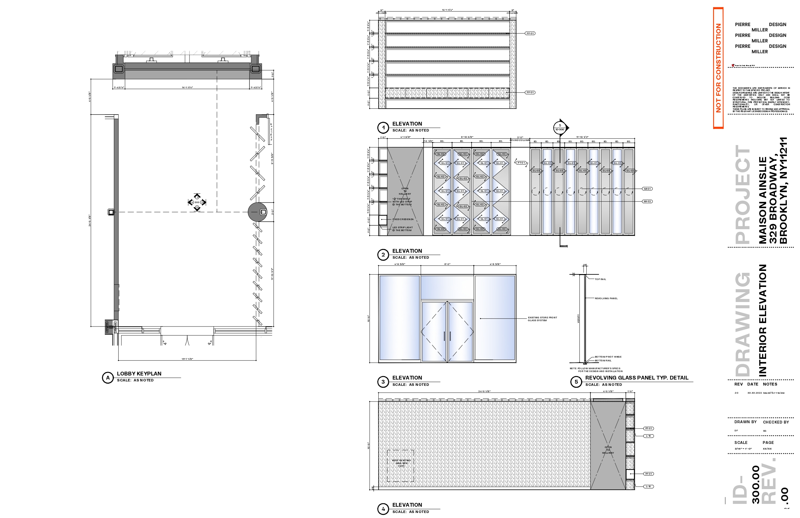 Lobby interior elevations with a keyplan, the backlit travertine shelving wall, the bronze mirrored diamond partition, the revolving glass entrance panels and a typical revolving panel detail