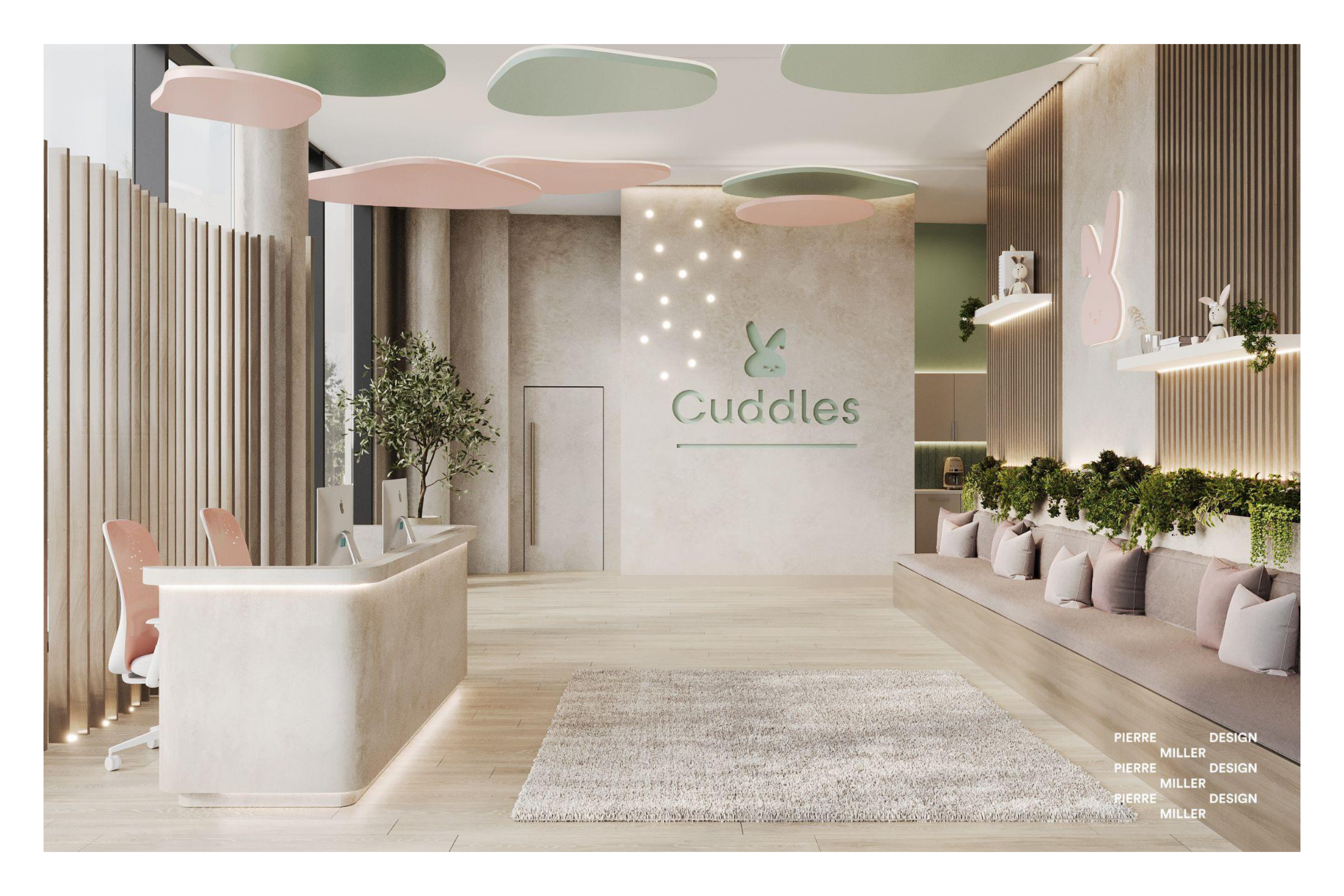 Reception with a curved plaster desk, backlit Cuddles bunny logo wall, pink and sage acoustic ceiling clouds, slatted timber screens, a long banquette with planted shelving and a soft grey rug