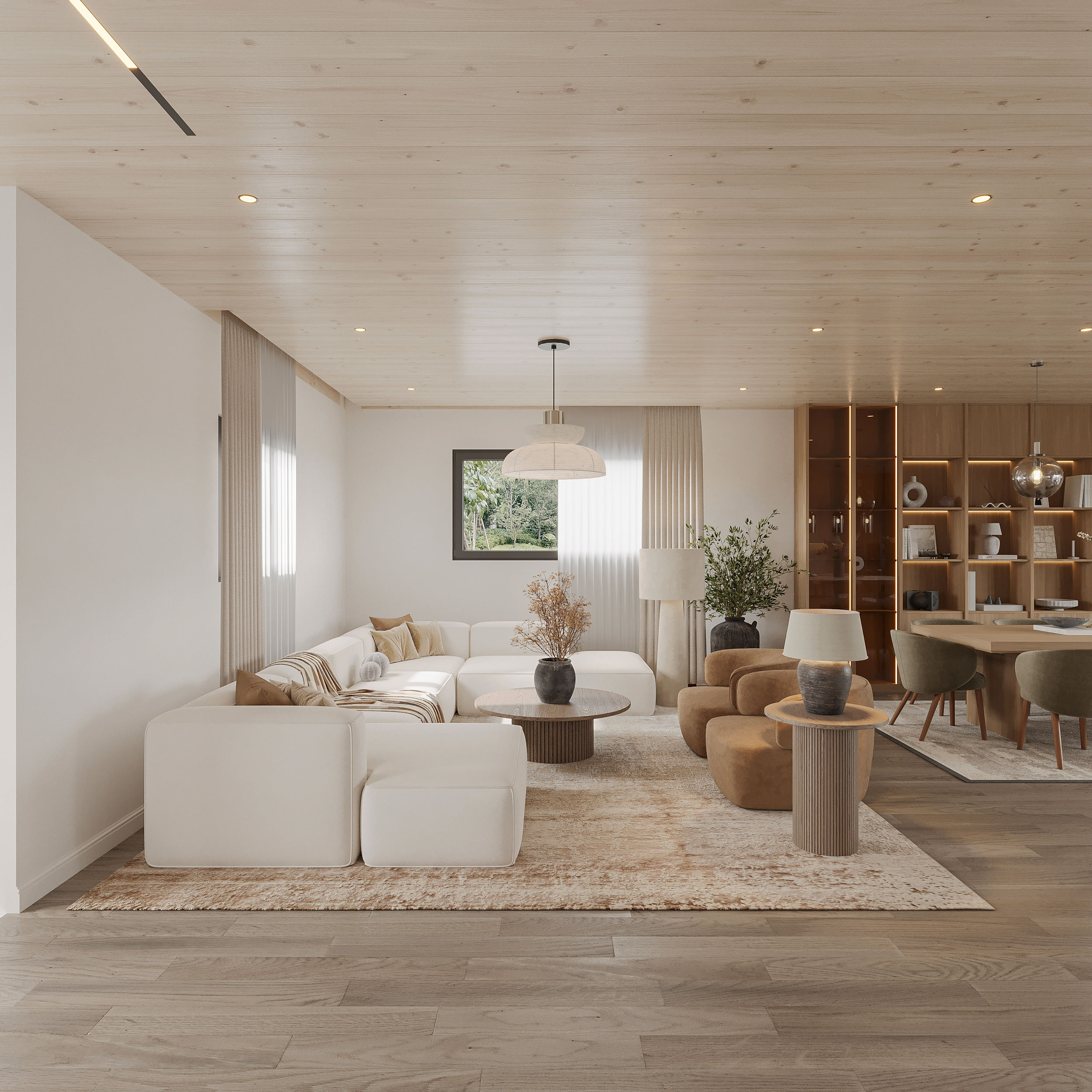 Living room under a whitewashed timber ceiling with an ivory modular sectional, fluted-base coffee table, tan swivel chairs, a domed fabric pendant and the LED-lit oak library and dining beyond