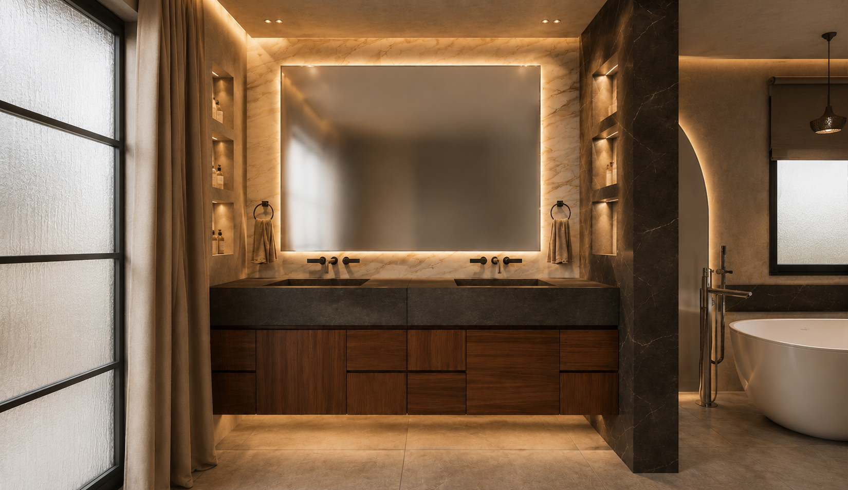 Bathroom vanity with twin dark stone basins on a floating walnut cabinet, black wall-mounted taps, a full-width backlit mirror on marble and lit display niches with towel rings