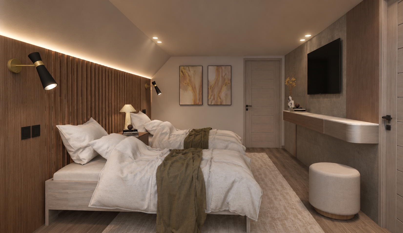 Attic twin bedroom under a sloped ceiling with a reeded walnut headboard wall, black-and-brass reading lights, paired abstract prints, a wall-mounted screen above a floating timber ledge and a boucle pouf