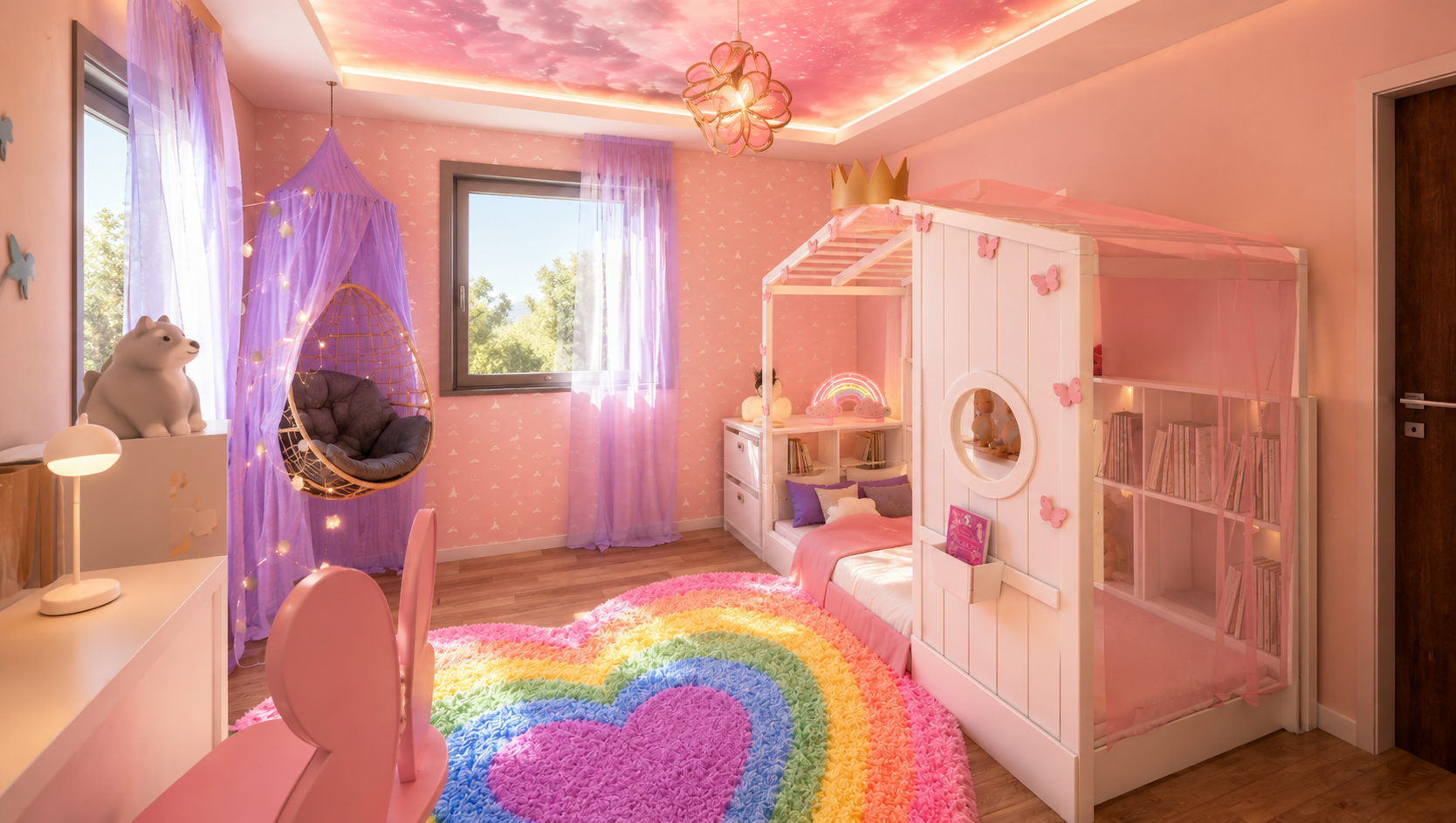 Wide view of the pink girl's bedroom with the crowned house-frame bed, cloud-painted ceiling and flower chandelier, rattan hanging chair under lilac netting, butterfly desk chair and a rainbow heart shag rug