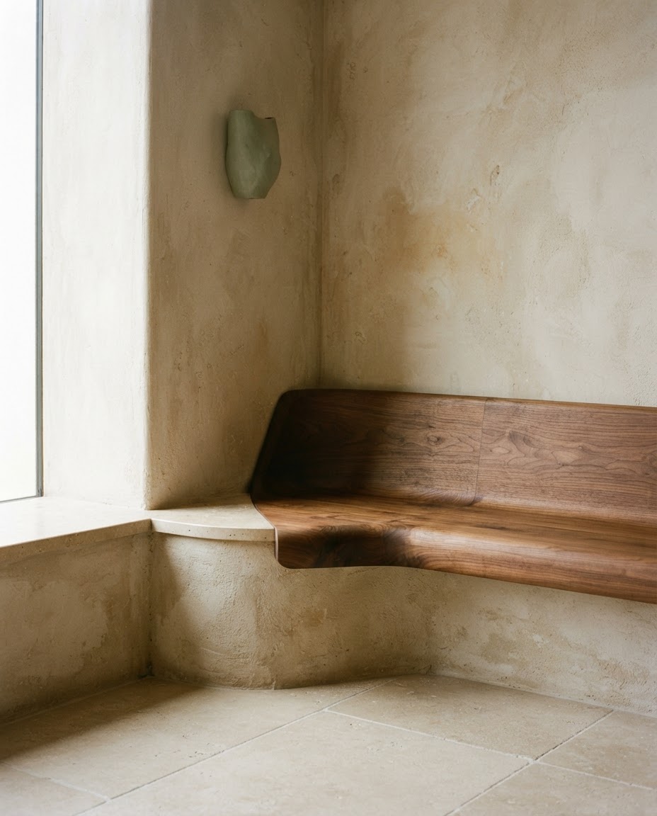 A warm neutral interior with curved boucle seating, a travertine table and soft layered lighting